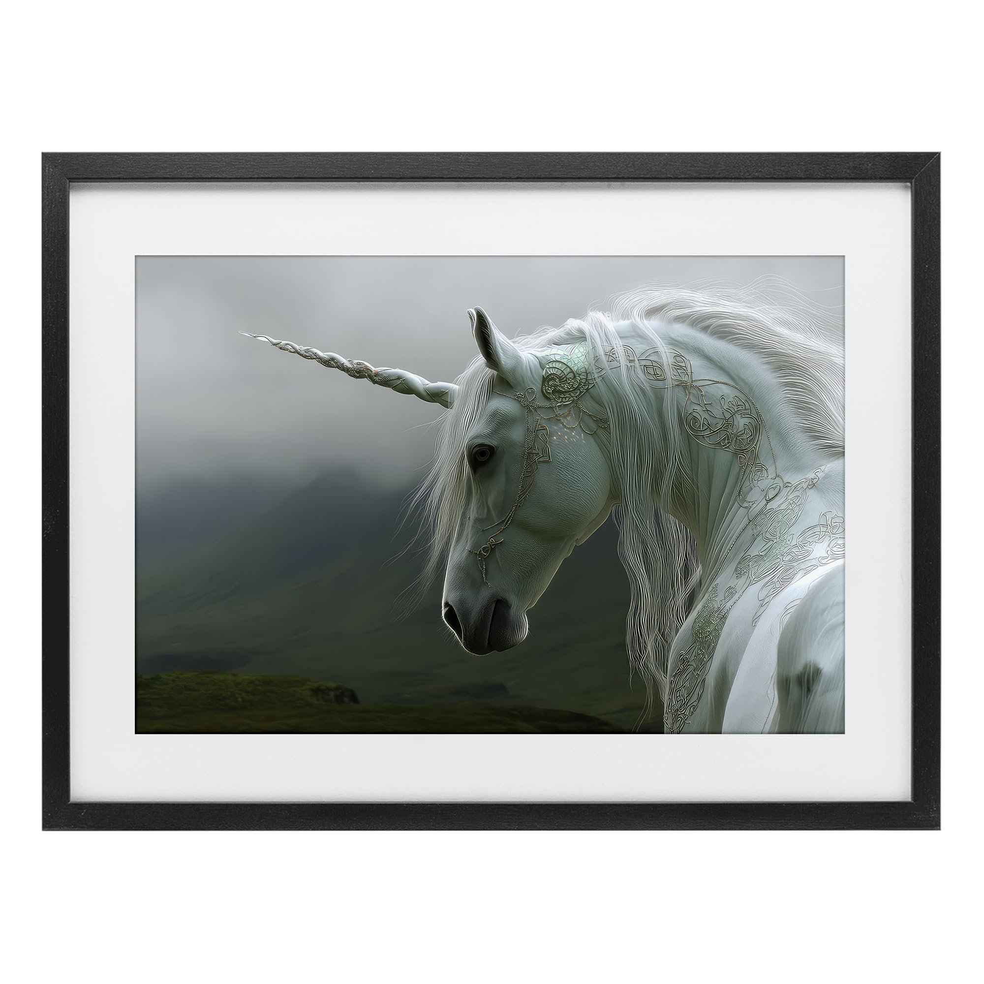 Stupell Industries Midnight Black (Textured) Dreamy Celtic Unicorn Fantasy, 17 X 23 Inch Framed Print Under Glass