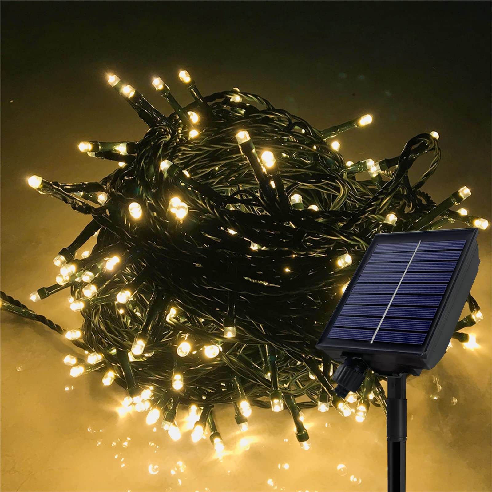 FIVMEN Cadena de luces solares para exteriores, 100 m, 1000 LED, resistente a la intemperie, resistente al agua, IP44, con panel solar y USB, decoración navideña, iluminación para exteriores, blanco