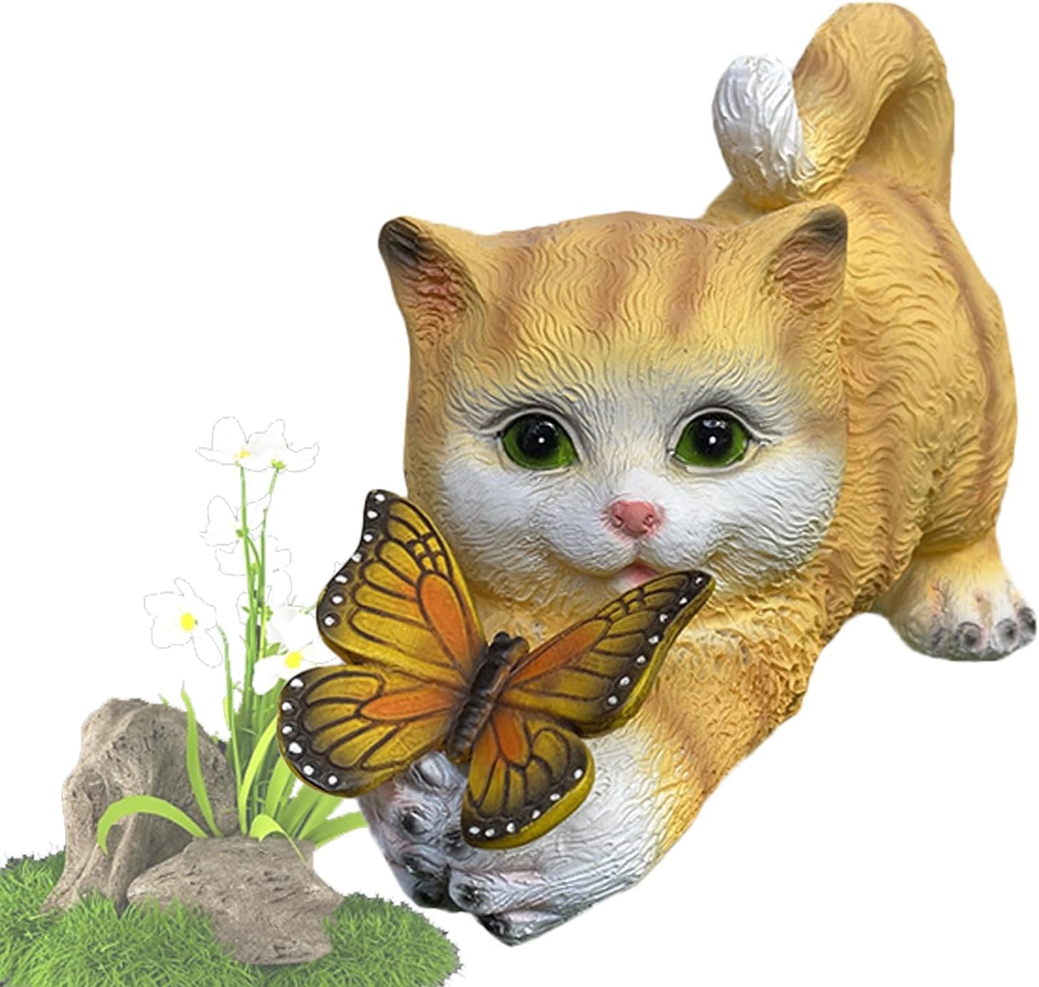 Tuzsocr Solar Powered Cat Statue,Butterfly Solar Lights for Outdoor,Decorative Animal Figurine for Garden,Waterproof Resin Sculpture,LED Lighting,for Lawn,Terrace (Style 2)