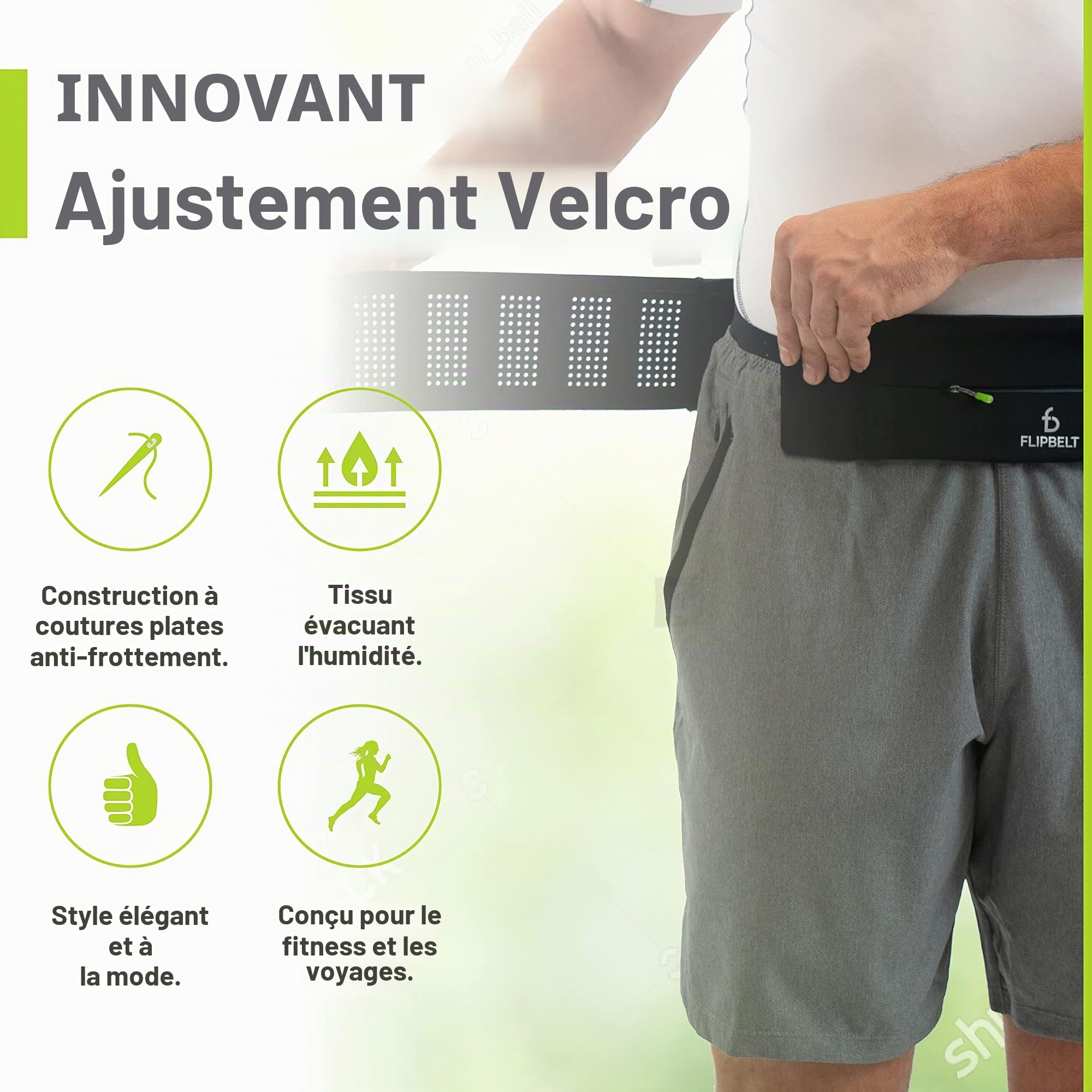 FlipBelt Ceinture de Course réglable, Sac Banane de Fitness et de Course pour Homme et Femme, Ceinture de Rangement Anti-humidité pour téléphone, clés, Argent, Entreprise américaine