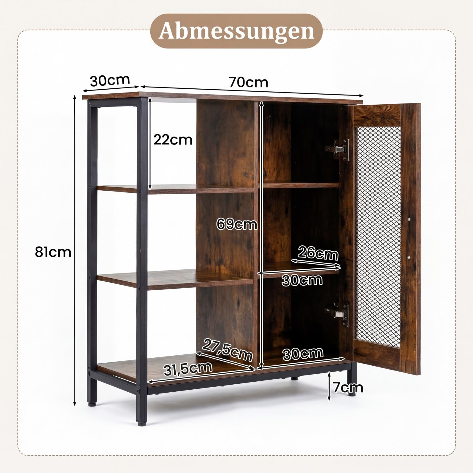 COSTWAY Sideboard Holz, Küchenschrank mit Tür, offenen Ablagen & verstellbaren Einlegeböden, Rahmen aus Kohlenstoffstahl, Anrichteschrank Buffetschrank, Schrank Vintage, 70 x 30 x 81 cm (Braun)