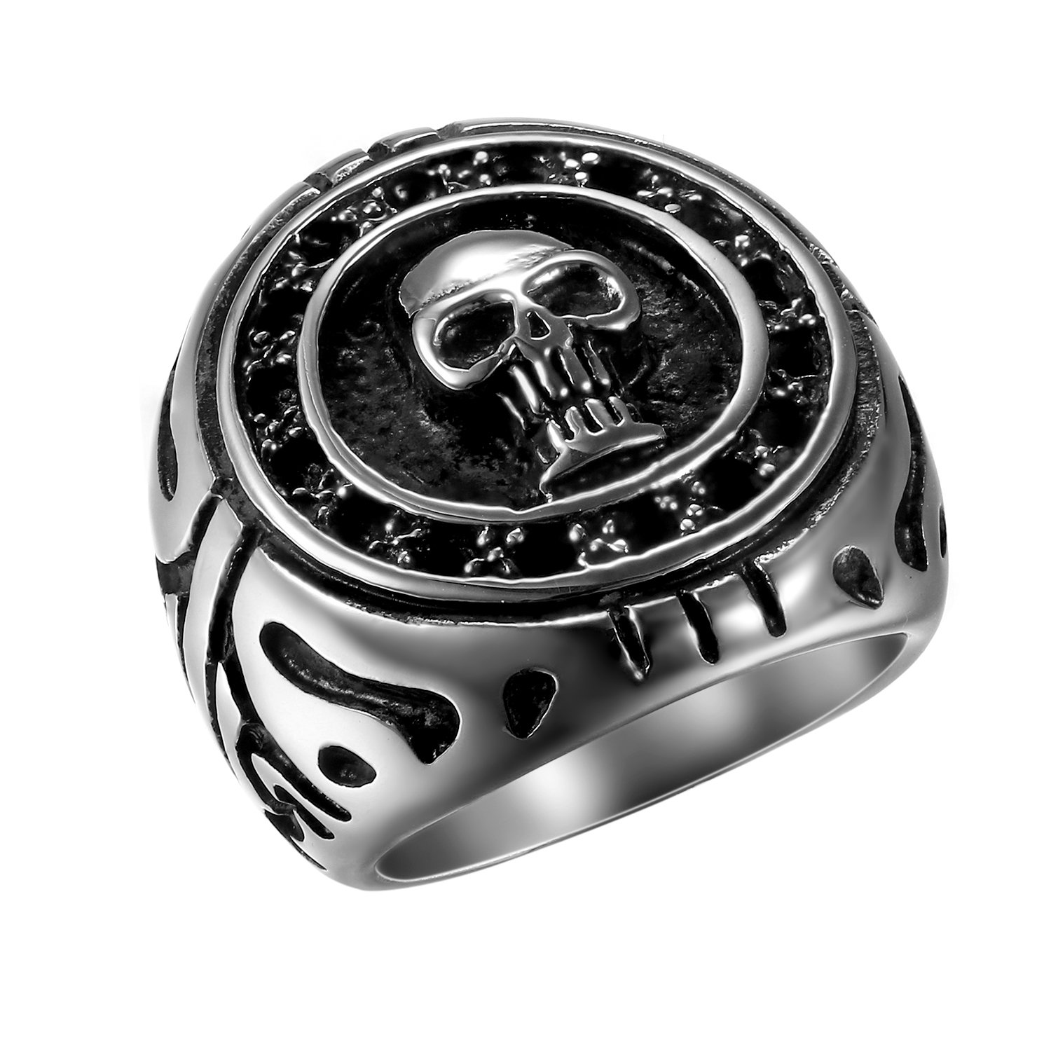 Flongo Anillo Celta Hombre Anillo de craneo Calavera, Anillo de Sello gótico Punk Rock, Acero Inoxidable Anillo de Sello Grande Anillo Plateado Negro