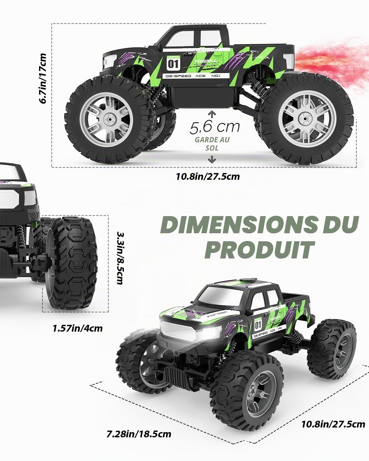 DEERC DE44 Voiture télécommandée 1:16 avec pulvérisation de brouillard, voiture RC tout-terrain à deux moteurs 4 roues motrices avec lumières LED, Rock Crawler 70+ Min, à partir de 8 ans