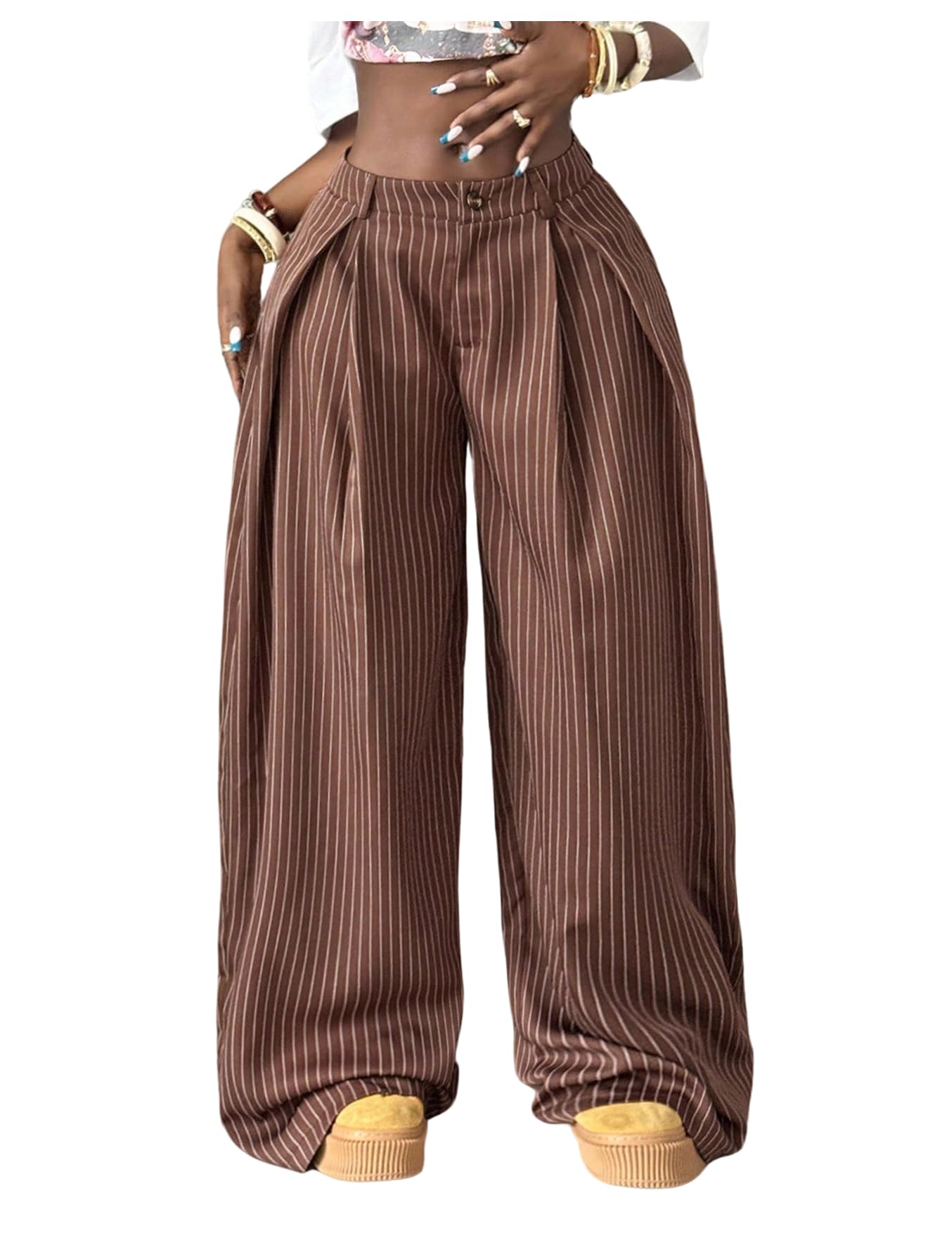 Milumia Womens Striped Pleated Wide Leg Pants Y2k Low Waisted Oversized Baggy Trousers Streetwear