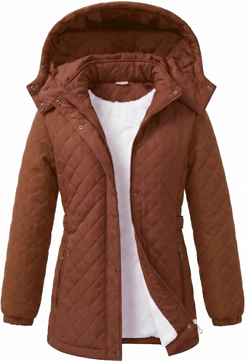 JiangWu Women's Long Fleece Lined Winter Coat -Stylish Diamond Quilted Warm Jacket with Removable Hood