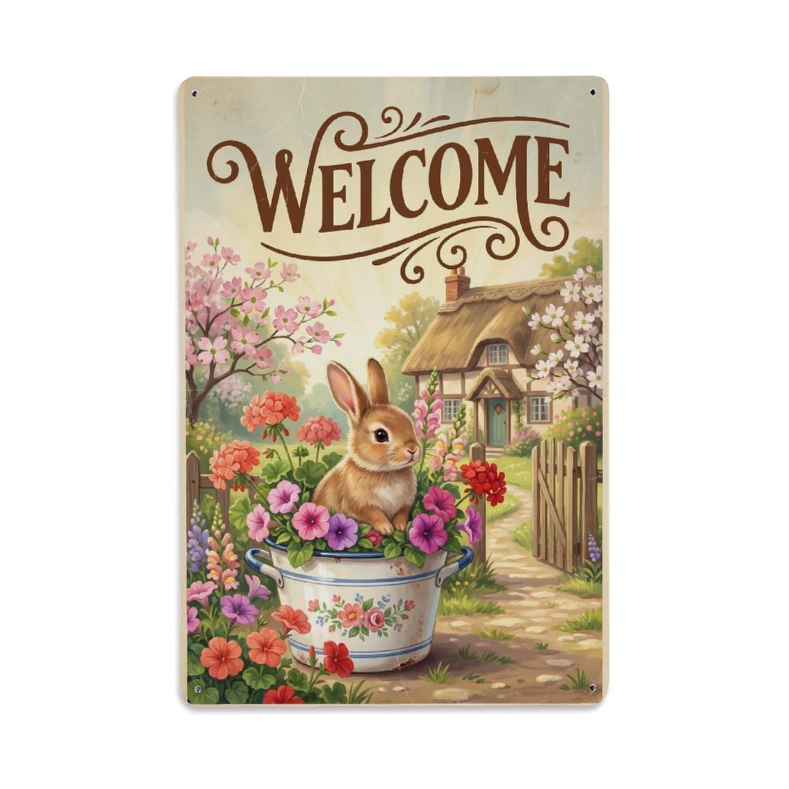 Cxhjca 8X12inch(20X30cm) Vintage Welcome Bunny Floral Decor Metal Tin Sign