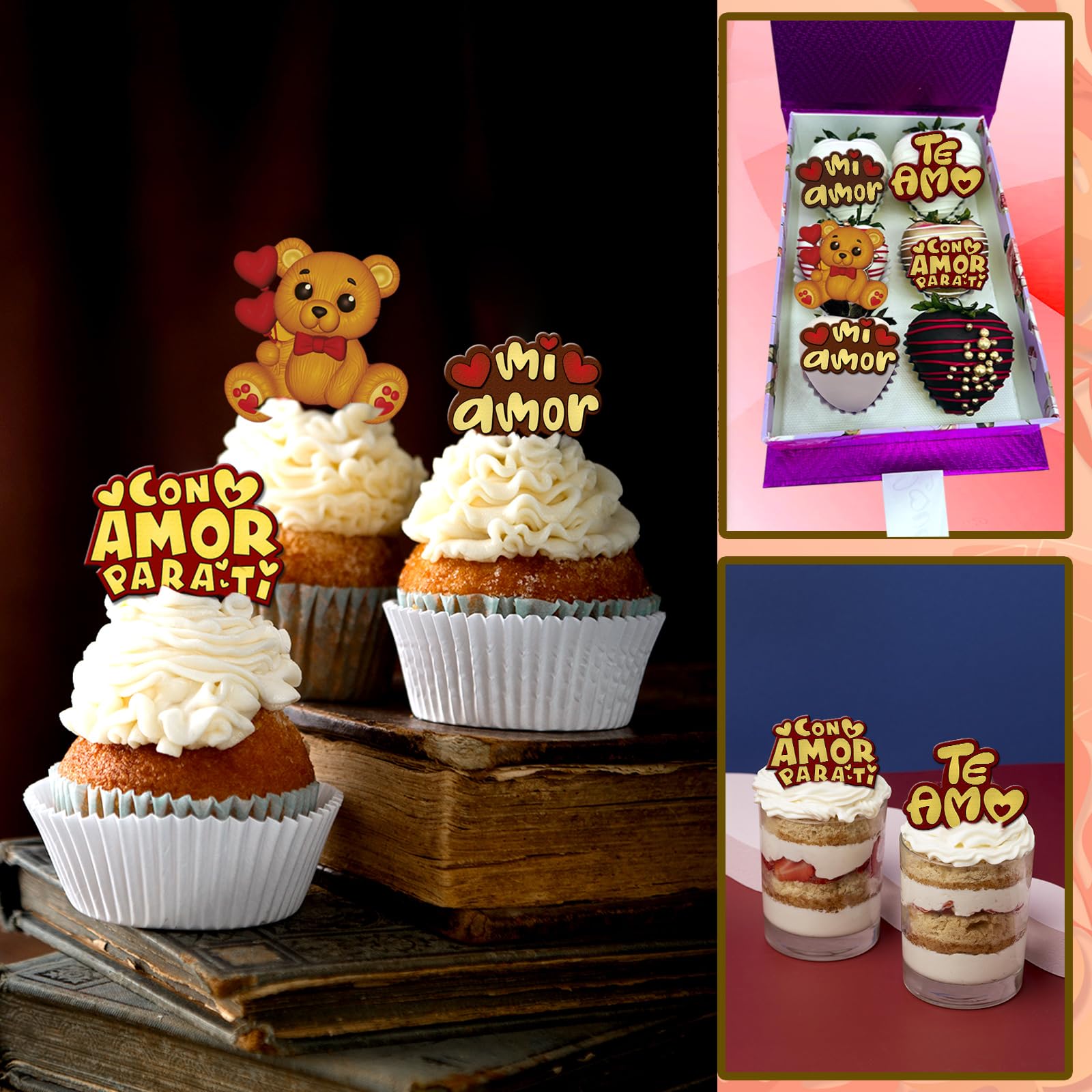 3 moldes de silicona románticos con frases en español, moldes de fondant con tamaño perfecto para fresas cubiertas de chocolate, cupcakes, fondant y pequeños dulces.