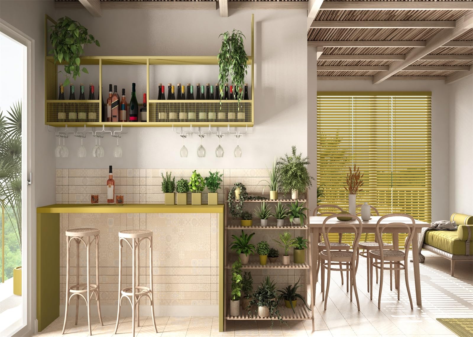 17x10FT (5.2x3m) Bar Domestico Luminoso Con Piante Verdi Sfondo Fotografico | Angolo Cocktail Interno Arioso Fondale In Tessuto,Bancone In Legno Bicchieri,Per Feste In Casa E Foto Lifestyle,Photo Booth