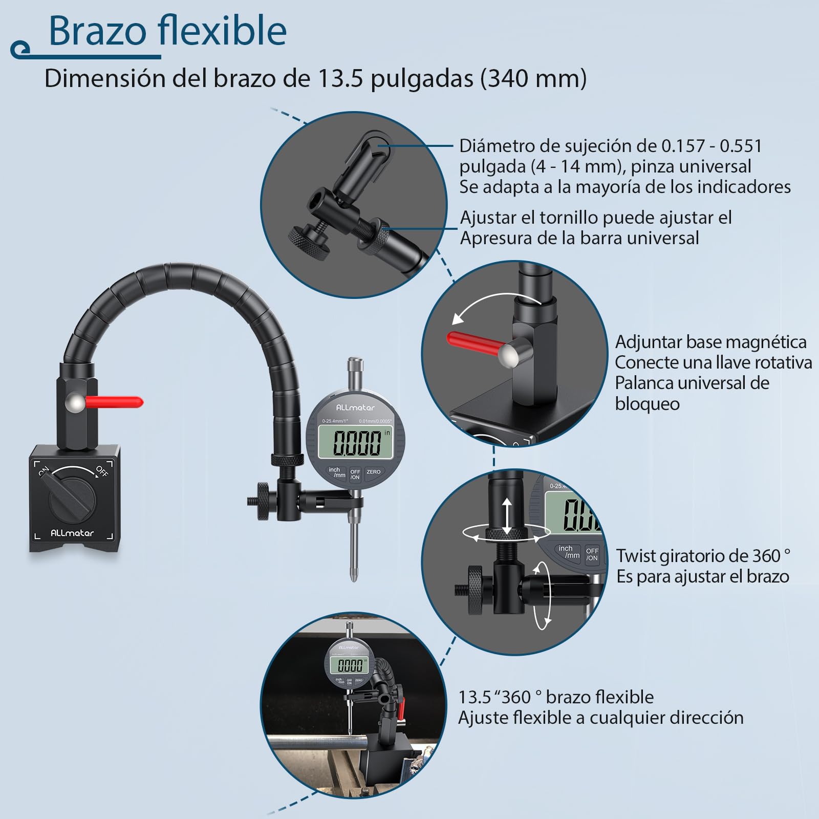 Juego de comparador digital con base magnética flexible, 0–25,4 mm / 0–1 pulgada, pantalla LCD, conversión mm/pulgadas, herramienta de medición de alta precisión para taller