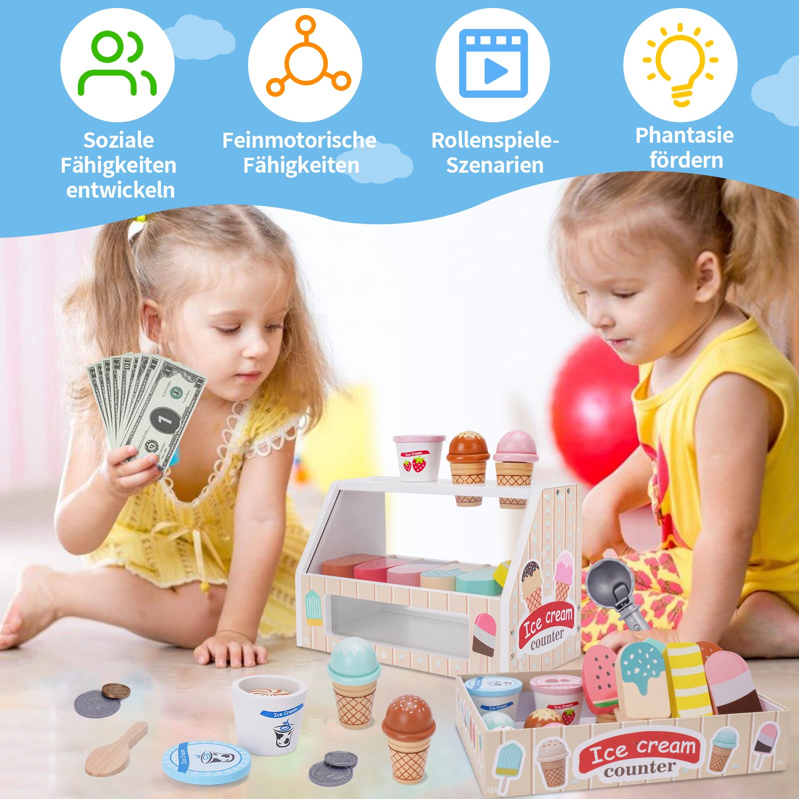 Eisdiele Kinder Holz, Kinderküche Zubehör ab 3 Jahre, Holzspielzeug Spielküche Zubehör, Eisladen Kinder Holz Einkaufsladen, Montessori Spielzeug Weihnachten Kinderspielzeug für Jungen Mädchen