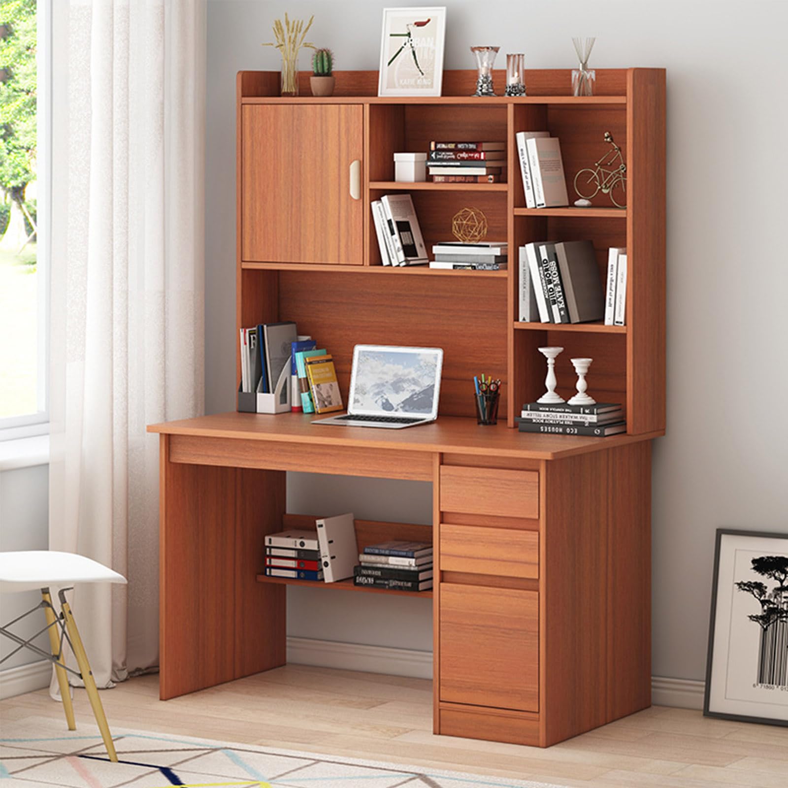 MESCXTY Wooden Computer Desk with Bookshelf and Hutch, Large Home Office Writing Drawer Storage Shelf, Modern Laptop PC Desk,Space-Saving Workstation for Living Room Bedroom