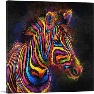 ARTCANVAS Zebra Colorful Stripes Africa Canvas Art Print Stretched Framed Painting Picture Poster Giclee Wall Decor - 12" x 12" (1.50" Deep)