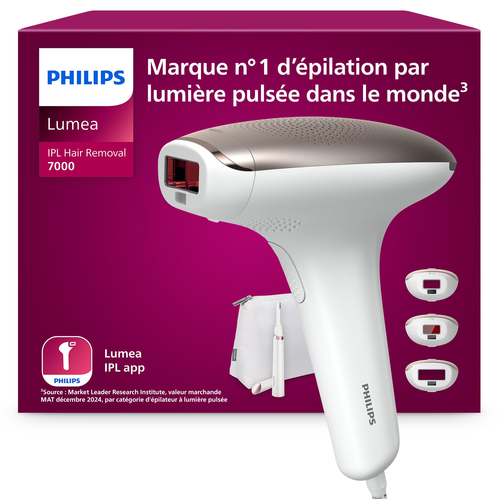 Philips Lumea série 7000, Épilateur à lumière pulsée, alternative à l'épilation laser, avec tondeuse-​stylo Satin Compact, 3 embouts pour le corps, le visage et le maillot, modèle BRI923/​00