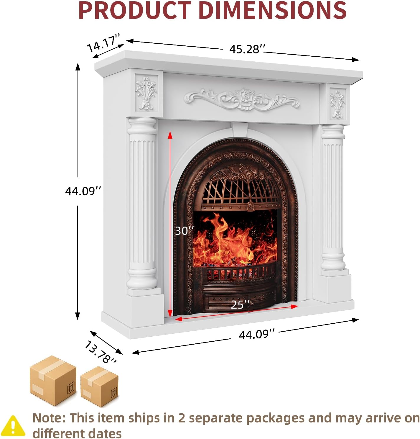 45 Inch Electric Fireplace with Mantel, Solid Wood Fireplace TV Stand, Roman Column Fireplace Entertainment Center, Electric Fireplace Heater with Bronze Birdcage Insert for Living Room, White