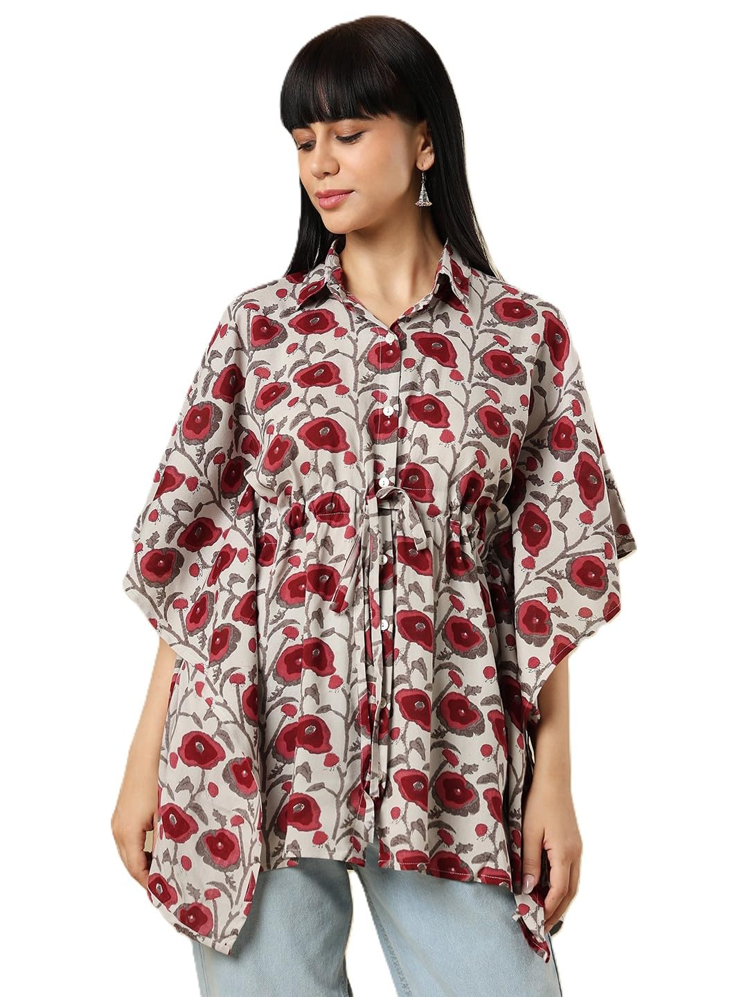 Block Printed Shirt Collar Cotton Kaftan-image-47