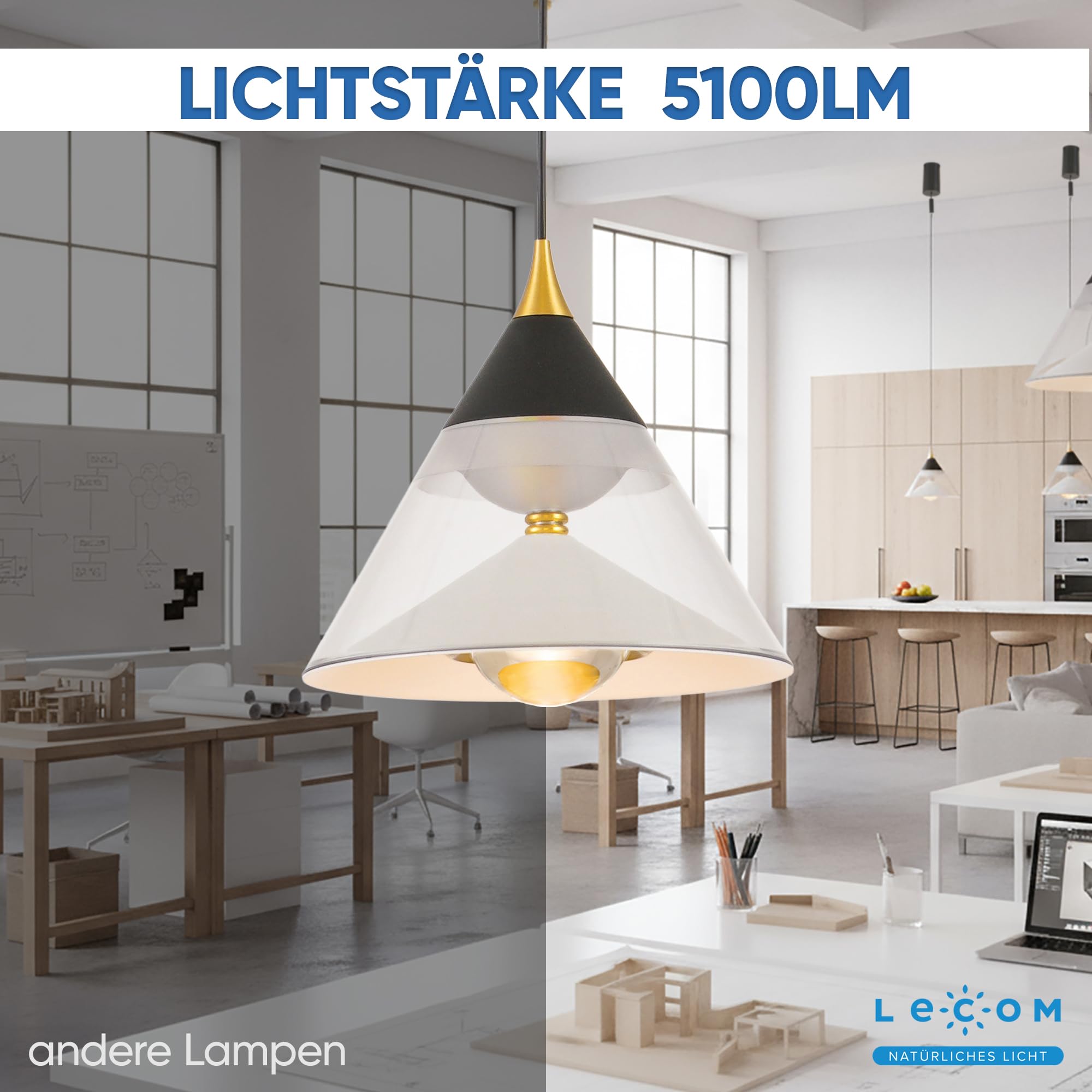 LECOM 2x LED Hängeleuchte Schwarz Dimmbar Warmweiß 5100lm 29W CRI90 Sensor