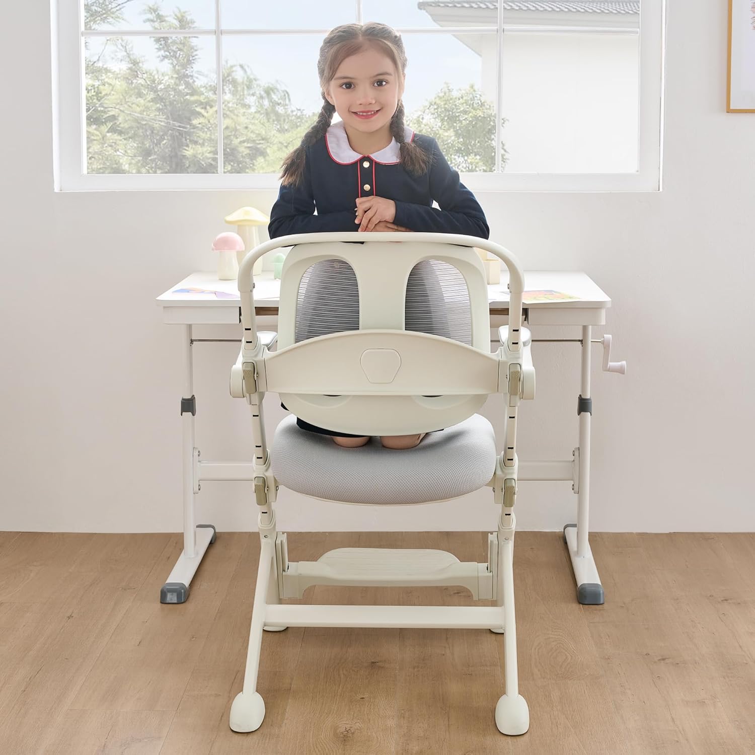 ERIYA Kids Desk Chair,Ergonomic Chair: Breathable Mesh Back, Adjustable Seat, Flip-Up Armrests, Footrest, Lumbar | Ideal for Kids, Petite Adults – Ultra-Comfy for Study/Work (Grey)