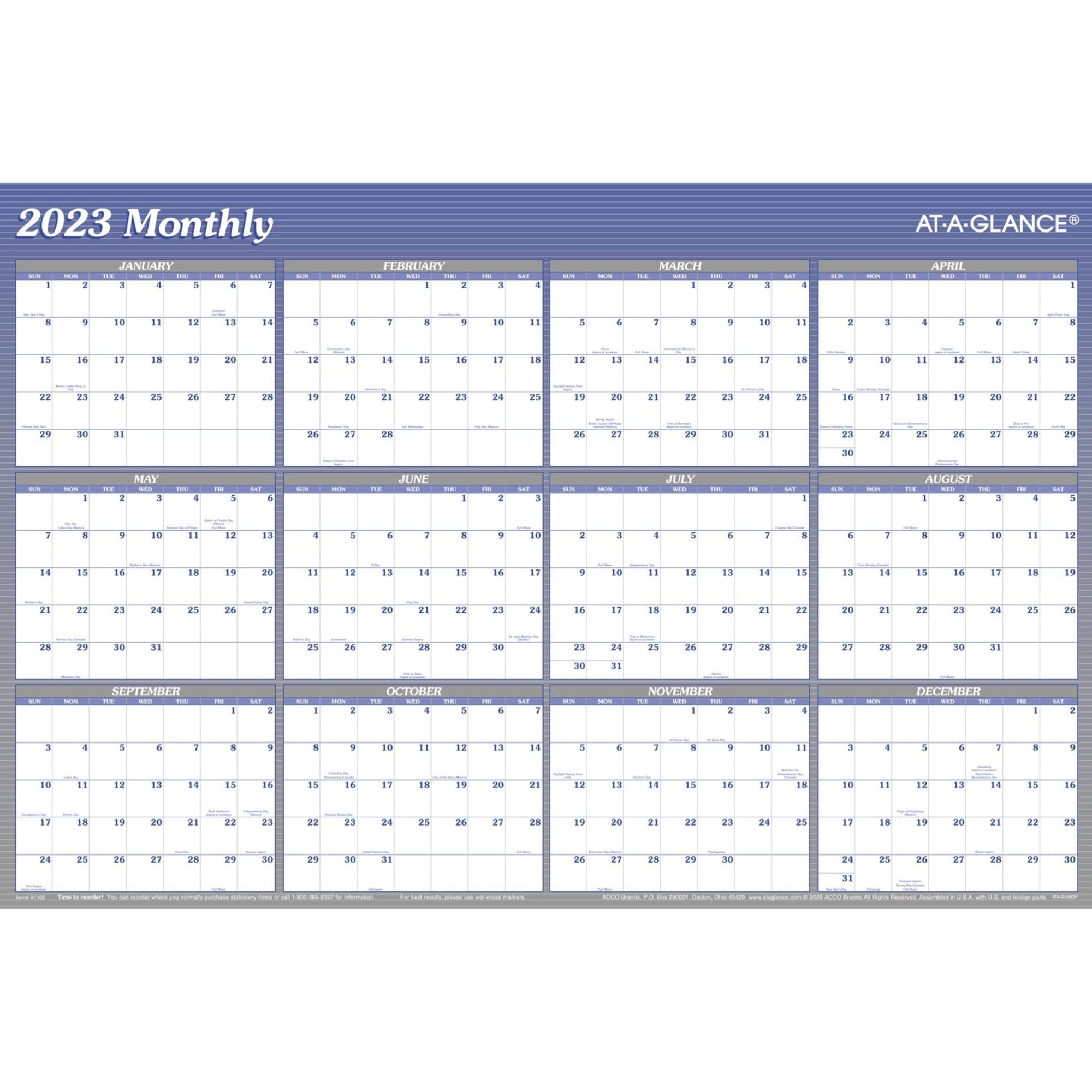 AT-A-GLANCE 2023 radierbarer Kalender, trocken abwischbarer Wandplaner, 91,4 x 61 cm, groß, vertikal/horizontal, wendbar, blau (A1102)