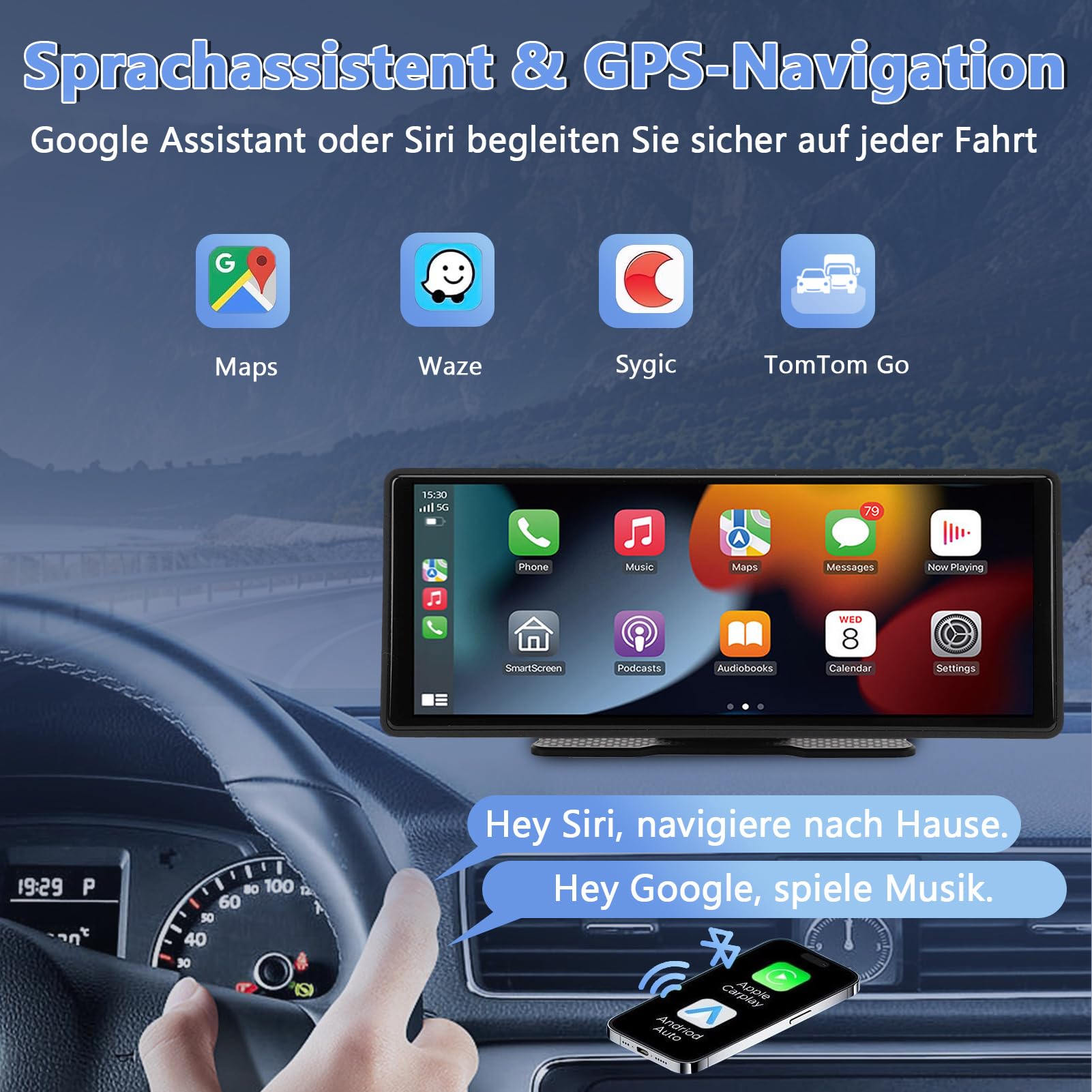 10,26 Zoll IPS Touchscreen Wireless CarPlay & Android Auto, 1080P HD Tragbares Autoradio mit WLAN, Bluetooth, Sprachsteuerung, AUX/FM Übertragung, Navigationssystem für Auto, LKW, Wohnmobil