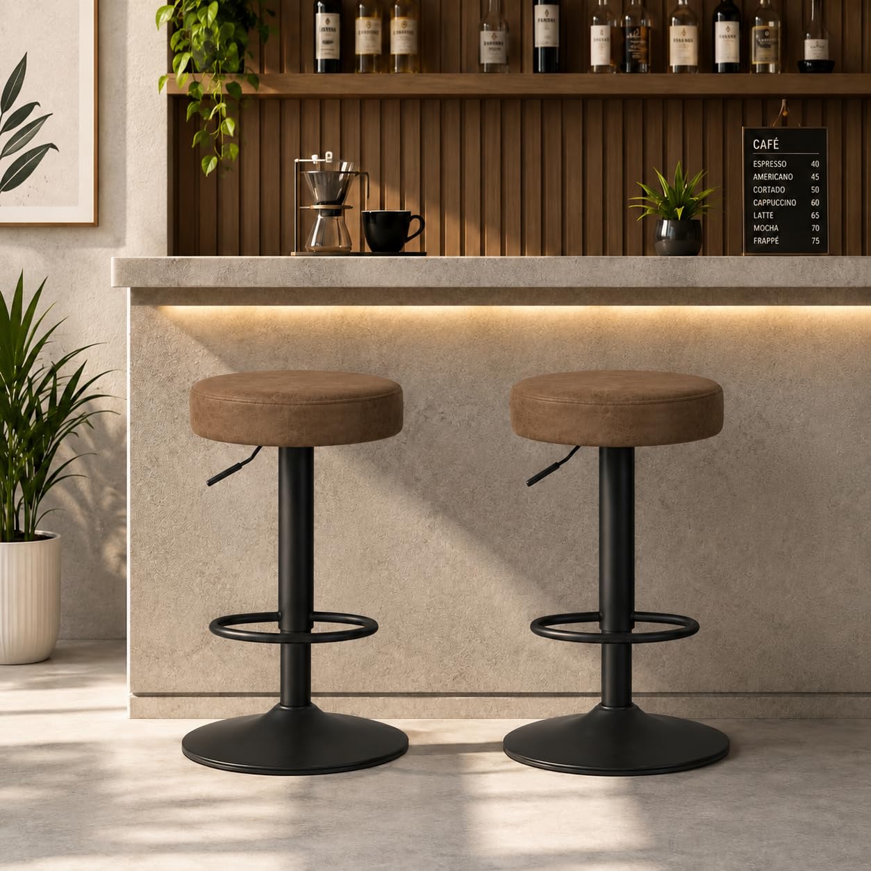 HOMEMAKE FURNITURE Set de 2 Bancos para Barra de Cocina, Taburetes de Bar Giratorios 360, Altura Ajustable, Tela Impermeable Vintage, Bancos Altos con Reposapiés para Cocina, Bar y Desayunador, Marrón