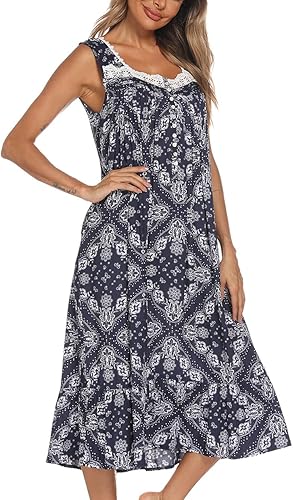 Miniatura 2 de AVIIER - Camisones de algodón para mujer, sin mangas, vestido largo con bolsillos para estar en casa, S-XXL