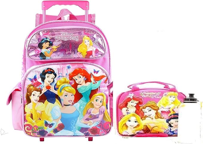 Amazon.com: Disney Princess – Mochila de ruedas mediana y caja de almuerzo,  con princesa Belle Snow-White Cenicienta Ariel Rapunzel –