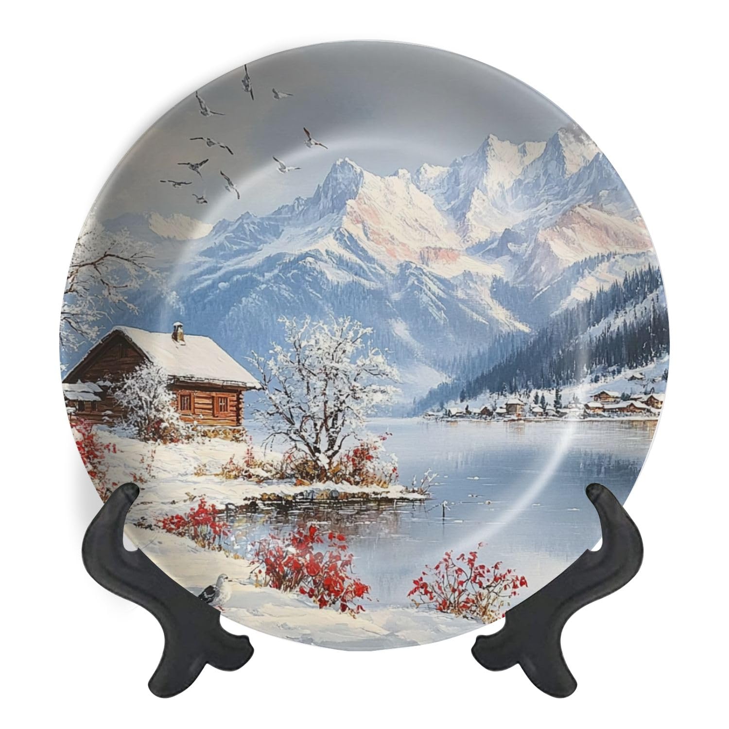 Decorative Plates for Display Farmhouse White Modern Snow Covered Cabin Majestic Mountains Tranquil Gift Plates Ceramic Collections Plates Hanging Artwork for Living Dining Room Kitchen Souvenir