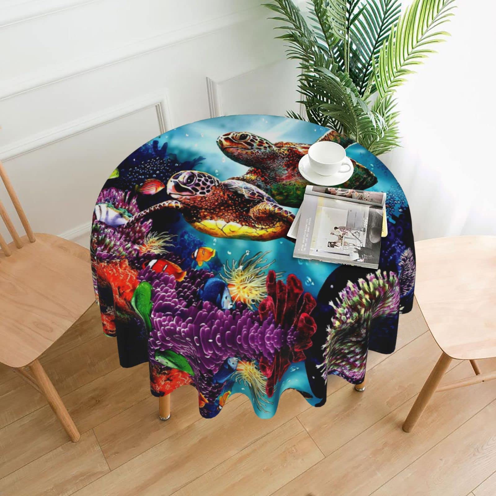 Lawenp Sea Turtles Diamond Painting Decorative Round Table Cloths - 60 Inches in Diameter for Buffet Tables, Parties, Holiday Dinners.