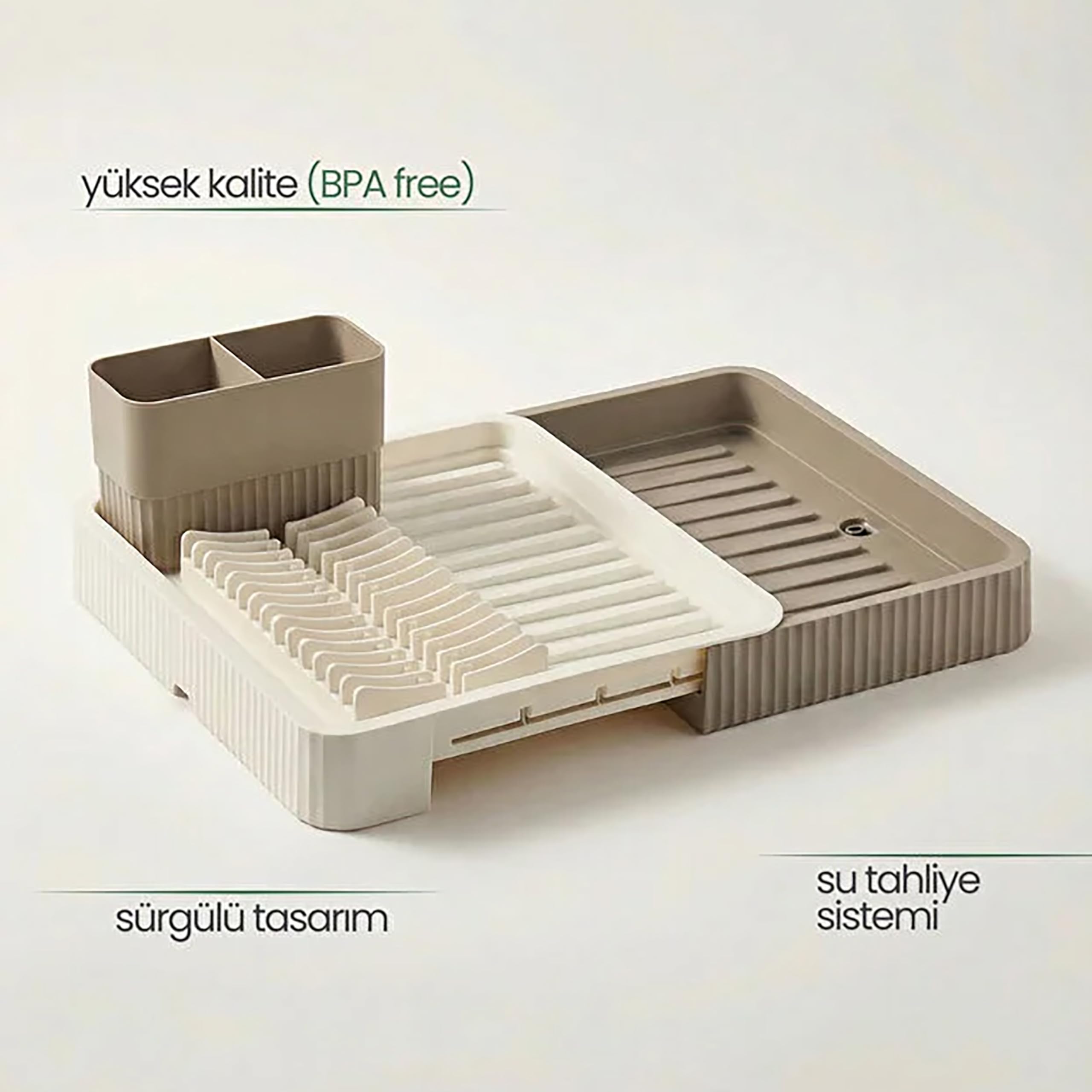 Promosyonca Açılır Kapanır Sürgülü Bulaşık Sepeti ve Kurutmalık, Plastik, Genişleyebilir Pratik Mutfak Düzenleyici, 35x25x12 cm (Krem)