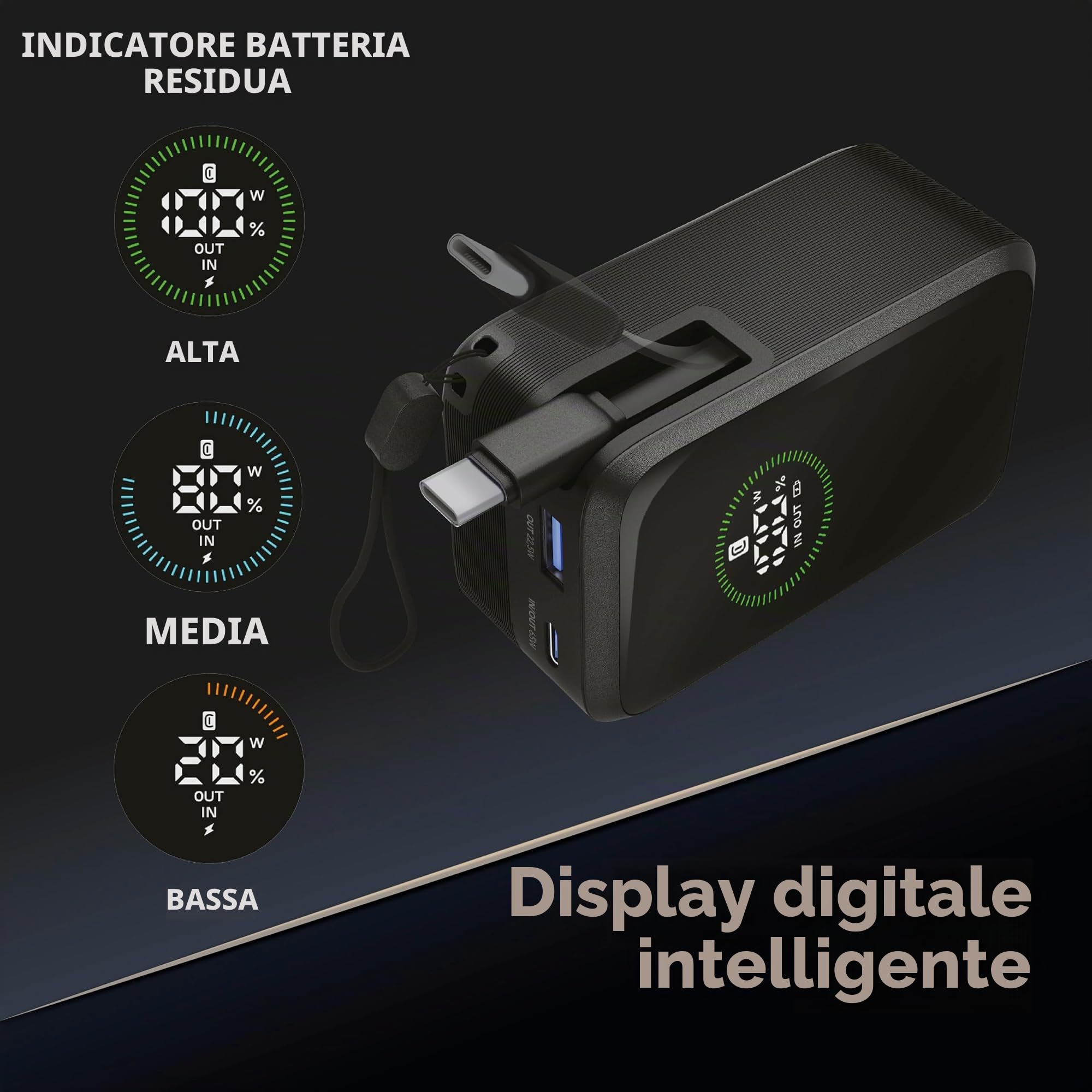 Cellularline power bank Roller 20.000 mAh con output fino a 65 W, cavo USB-C retrattile integrato da 70 cm, porte USB-C e USB-A, display LCD, ricarica 3 dispositivi, nero