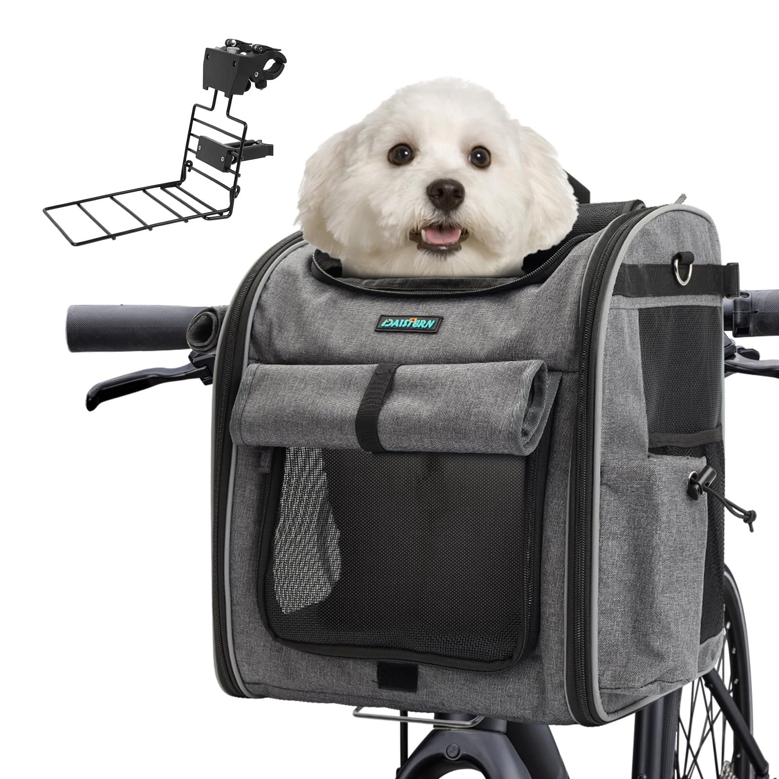 DAISTERN Cestino da Bici Anteriore per Cani Gatti fino a 10KG con Supporto L Ultra-​Resistente Φ55mm, Zaino per Animali Domestici con Cerniera SBS, Finestre in Rete Traspirante, Cuscino Impermeabile