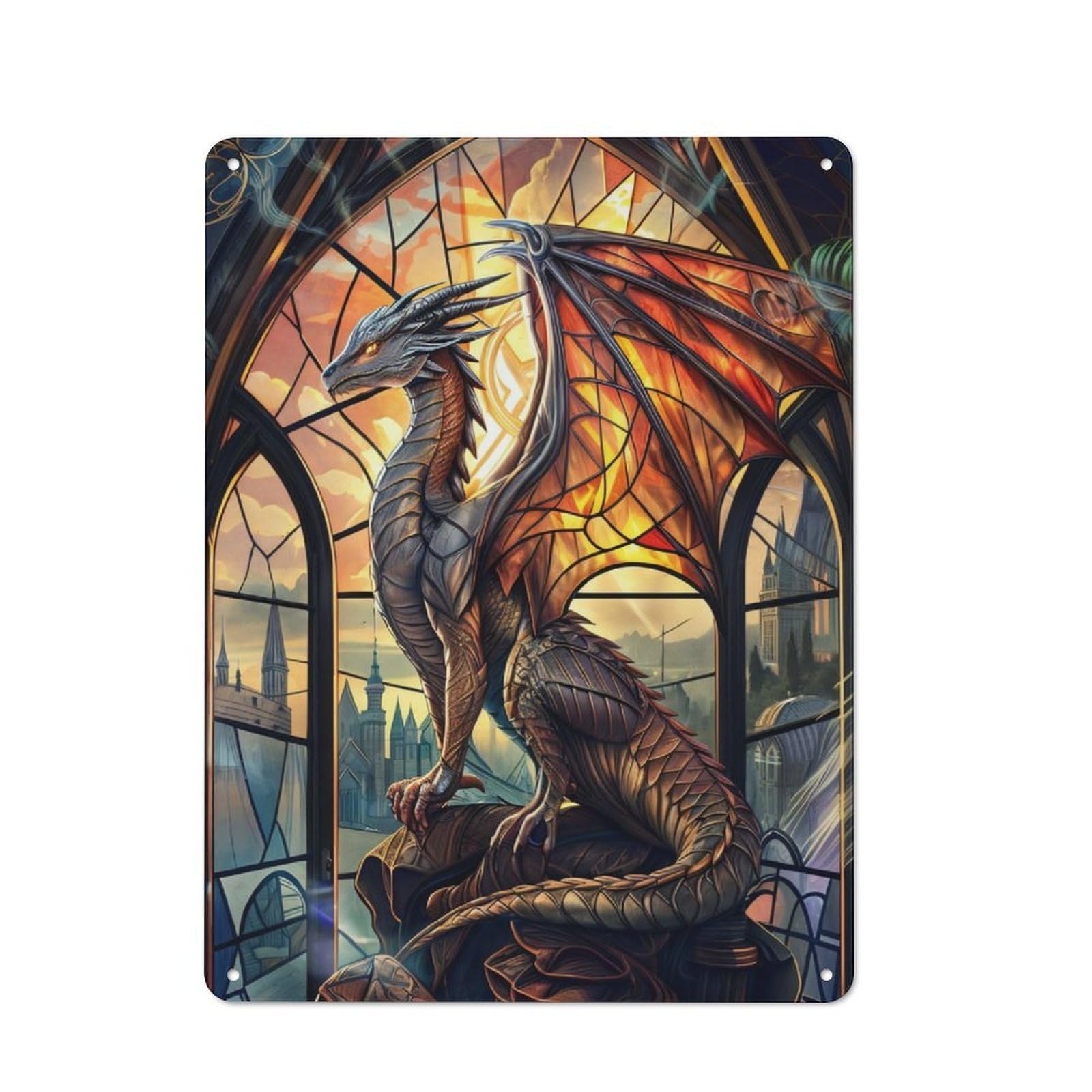 Junmoney Celestial Stained Wyvern For Garden Room Or Summerhouse, Rustic Tin Sign 40X30cm, Tin Sign Wall Decor For Garden Rooms And Summerhouses