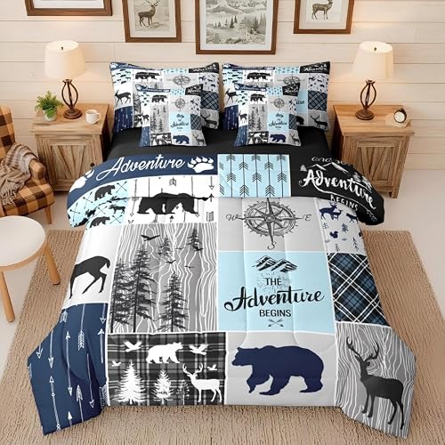 Erosebridal Bear Deer Comforter for Boys, Rustic Farmhouse Bed in A Bag Twin 7 P