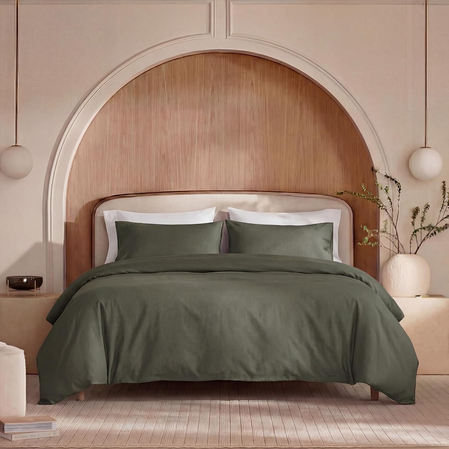 100% Washed Cotton Duvet Cover King Size – Olive Green, Linen-Like Texture, Super Soft & Breathable Bedding Set, 3-Piece Durable Percale Comforter Cover