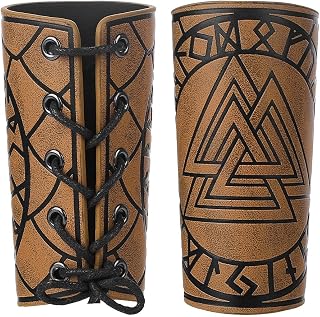 GORGECRAFT 2PCS Leather Arm Guards Medieval Leather Archery Buckle Bracers Nordic 24 Viking Runes Odin's Symbol Valknut Pattern Knight Cosplay Leather Arm Armor Cuff for Halloween Adult, Dark Khaki