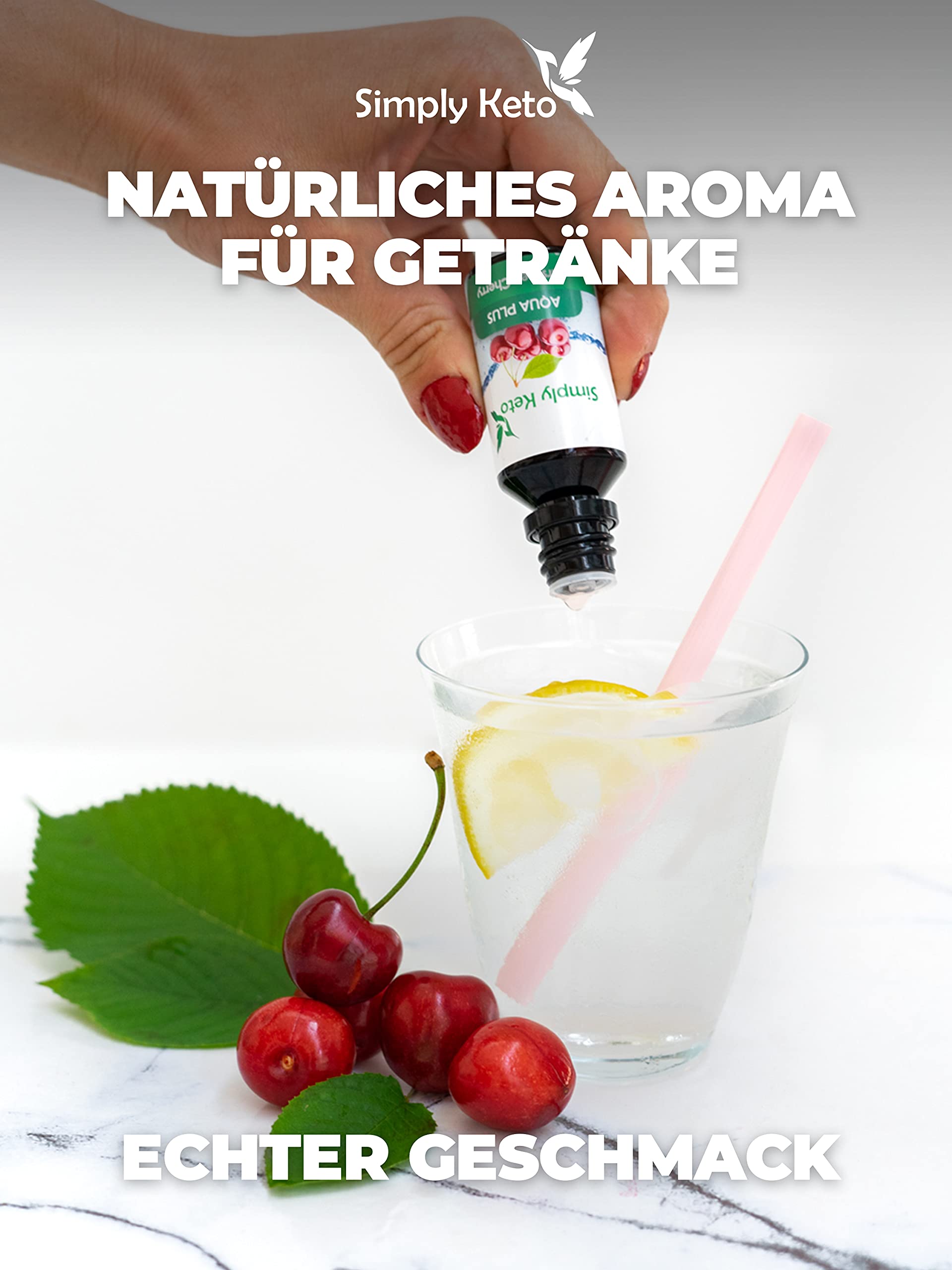 Simply Keto Gotas de sabor Aqua Plus (Cereza) 30ml - Gotas de sabor natural sin calorías - Alternativa al jarabe para 12 litros de agua con auténtico sabor - Sin aspartamo ni azúcar