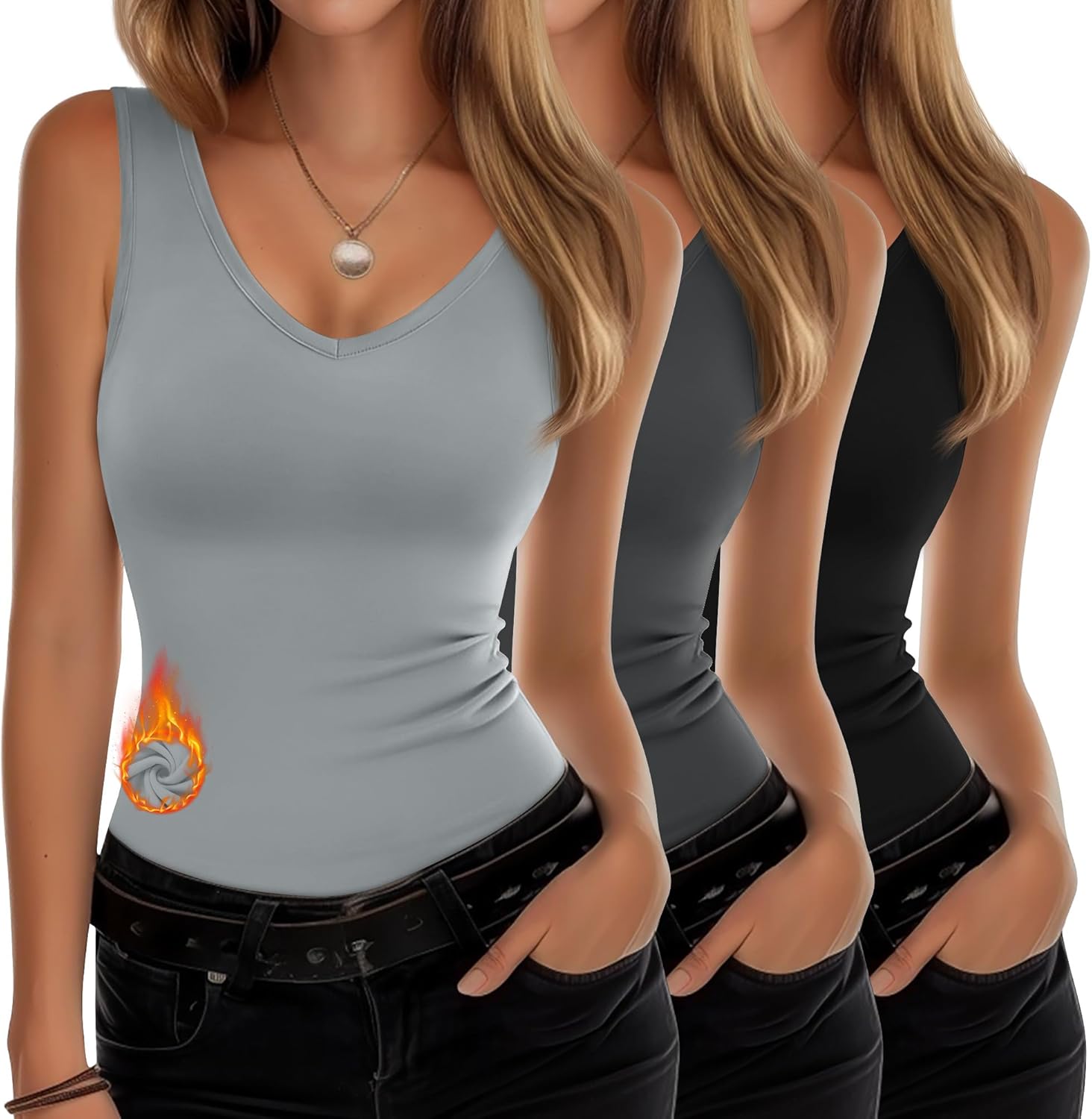 3 Pcs Women's Thermal Tank Tops V Neck Underwear Fleece Lined Sleeveless Undershirts Warm Camisole Base Layer Vest