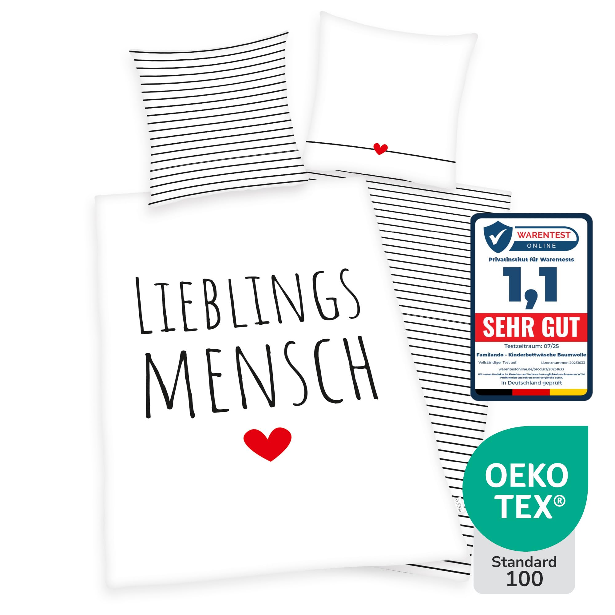 Familando - Lieblingsmensch Partnerbettwäsche Set (4-teilig) – 2X Decken- & Kissenbezug 135x200 & 80x80 cm mit Reißverschluss – 100% Baumwolle in Renforcé Qualität – Geschenkidee für Paare