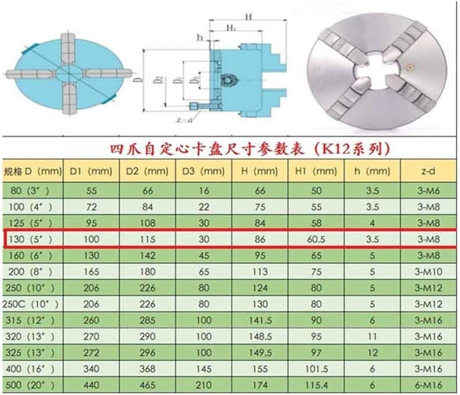 Portabrocas de metal autocentrante de 4 mordazas de 130 mm K12-130 for uso industrial