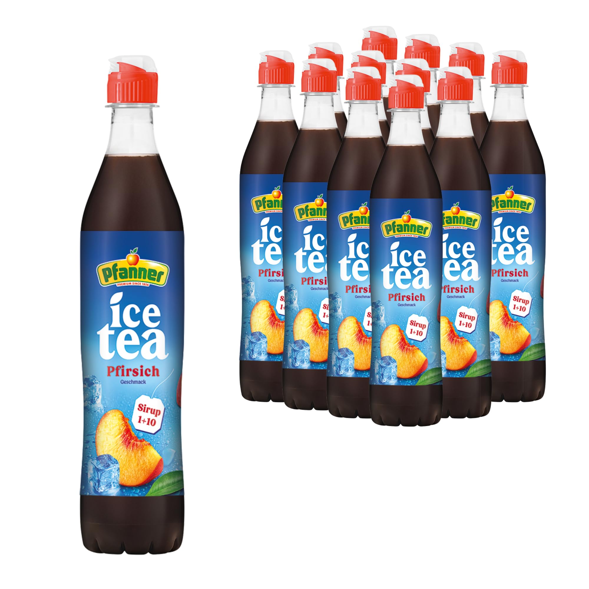 Pfanner Eistee Pfirsich Sirup – 12 x 700 ml Getränkesirup - ergibt über 7 Liter Wasser mit Ice Tea Pfirsich Geschmack