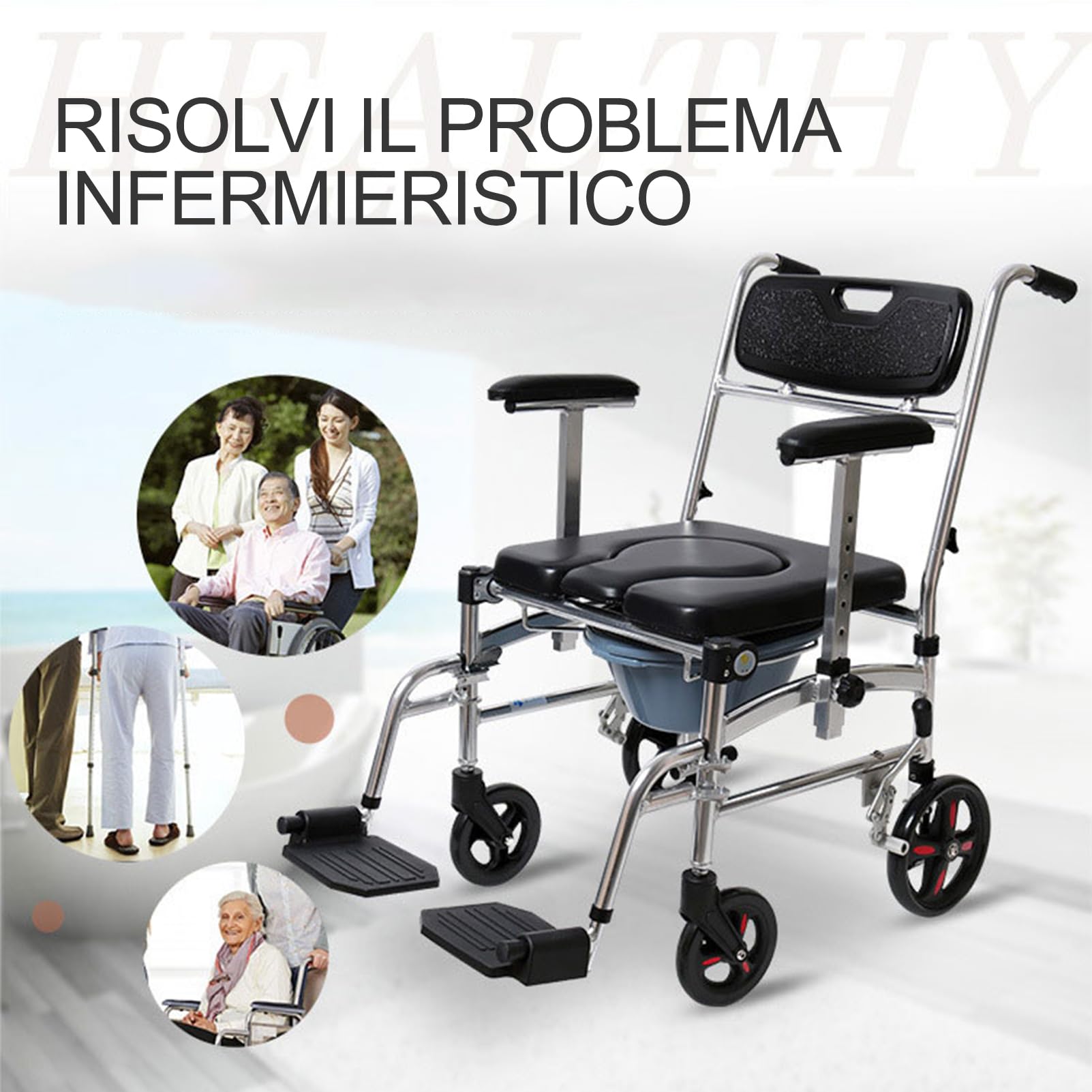 Sedia Doccia Disabili con Ruote, Sedia a Rotelle Doccia, Sedia Comoda WC per Anziani con Ruote, Sedia Wc per Disabili, Sedia Multifunzione Anziani, Comoda Wc Portatile