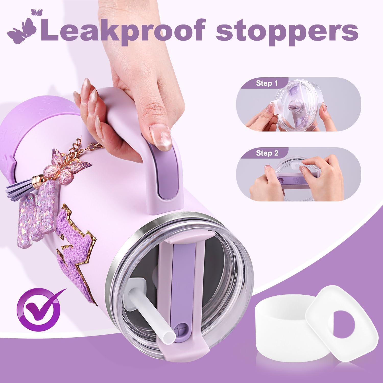 7PCS Accessories Set for Stanley Cup,Including Purple Bow Straw Topper Cover Cap and Boot, Spill Proof Stopper, Initials Sticker,Handle Charm for Women for 30oz 40oz tumbler with handle (E)