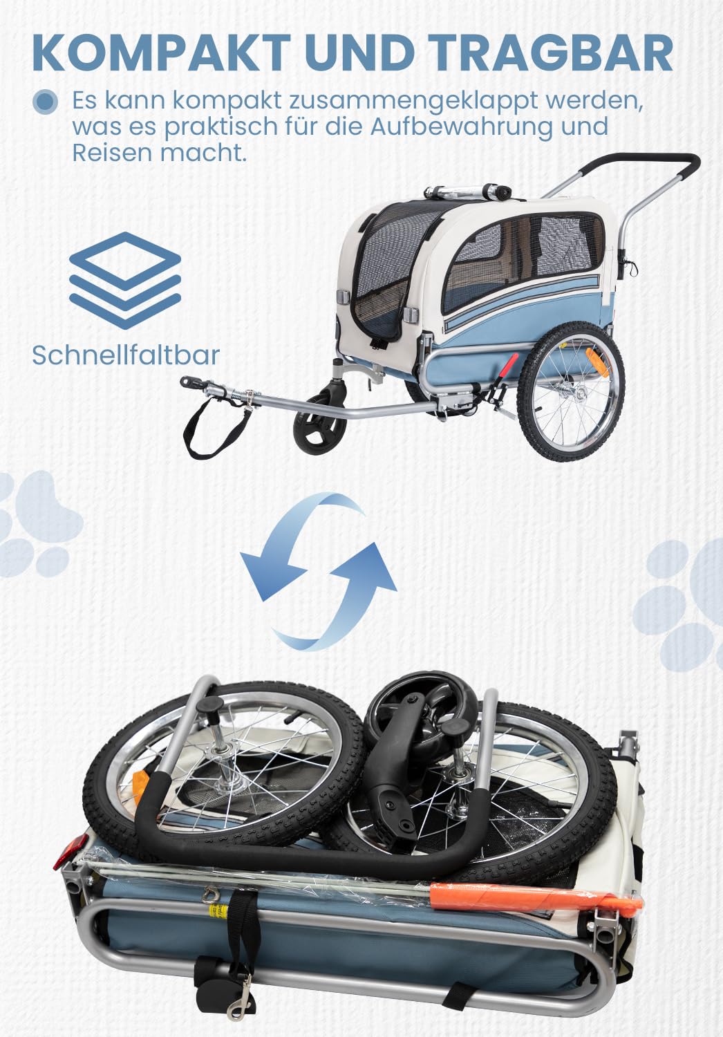 Sepnine Remolque Bicicleta Perros Carro Cochecito para Transporte Mascota 2 en 1 Convertible En Carro para Correr con Barra Y Kit De Footing Azul
