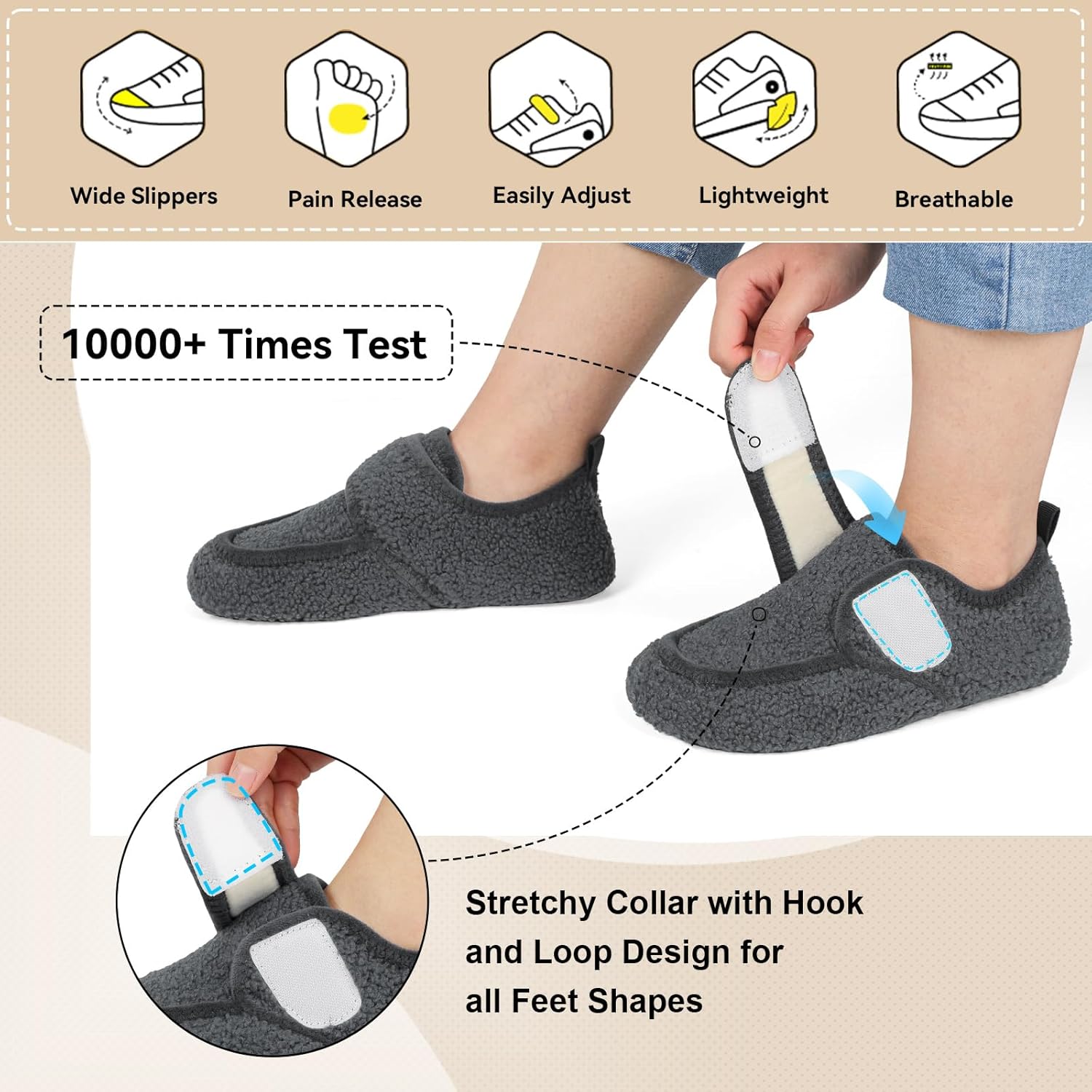 BARERUN Womens Mens Slippers Diabetic House Slippers for Women Men Wide Indoor Slip on Barefoot Adjustable Orthopedic Neuropathy Arthritis Edema Plantar Fasciitis Slipper Socks - Image 3
