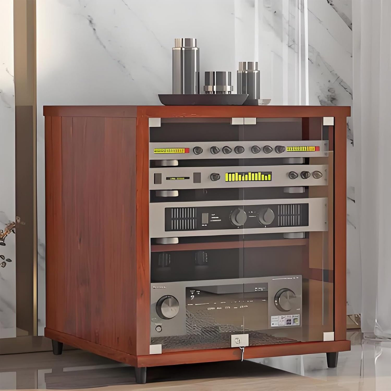 Media Storage Cabinet,Audio Video Media Stand Cabine,Modern AV Cabinet,AV Rack Gaming Cabinet,AV Stereo Cabinet,Movable Media Storage Cabinet,Media Cabinet with Glass Door,Stereo Cabinet(Brown,57x55x6