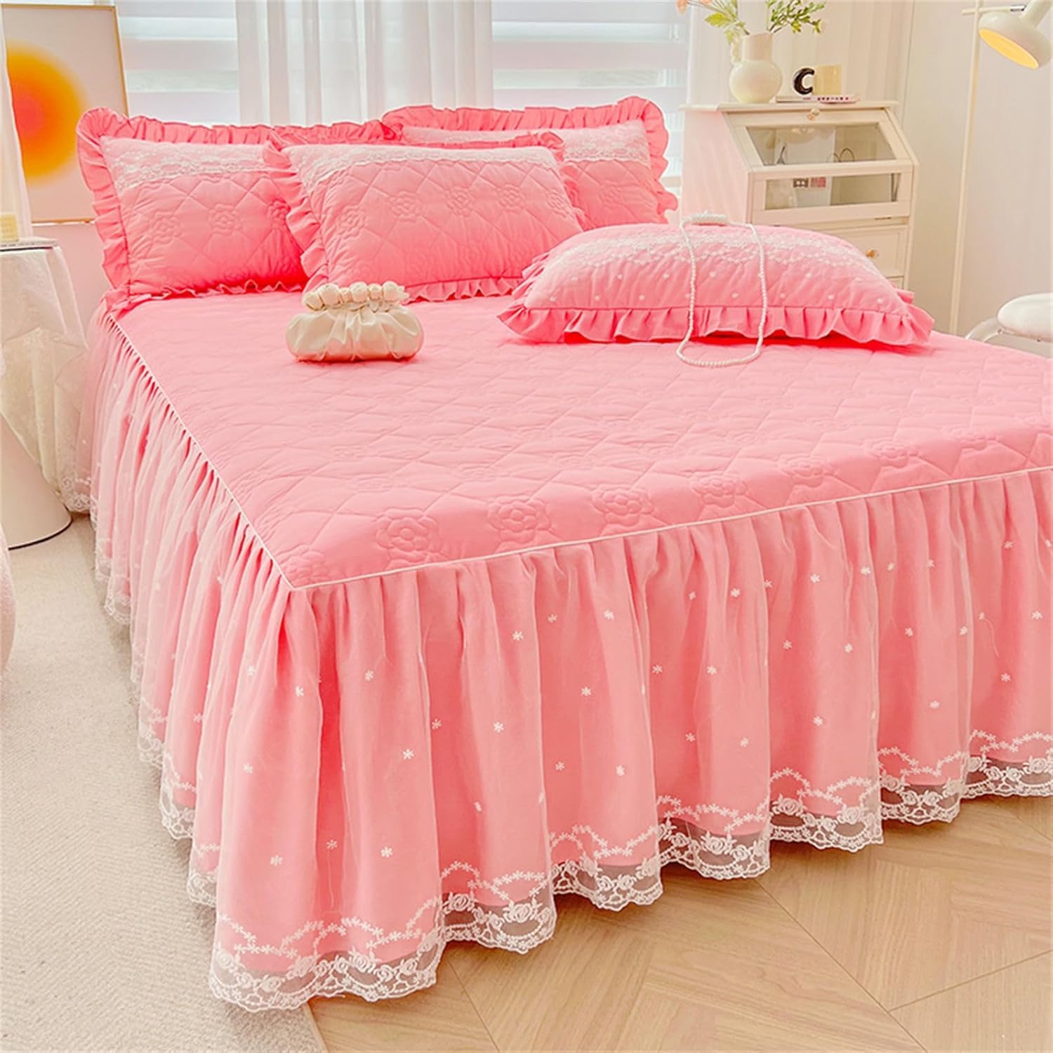 Jupe de lit matelassée rose pâle 200x220 cm avec drap extensible et dentelle élégante
