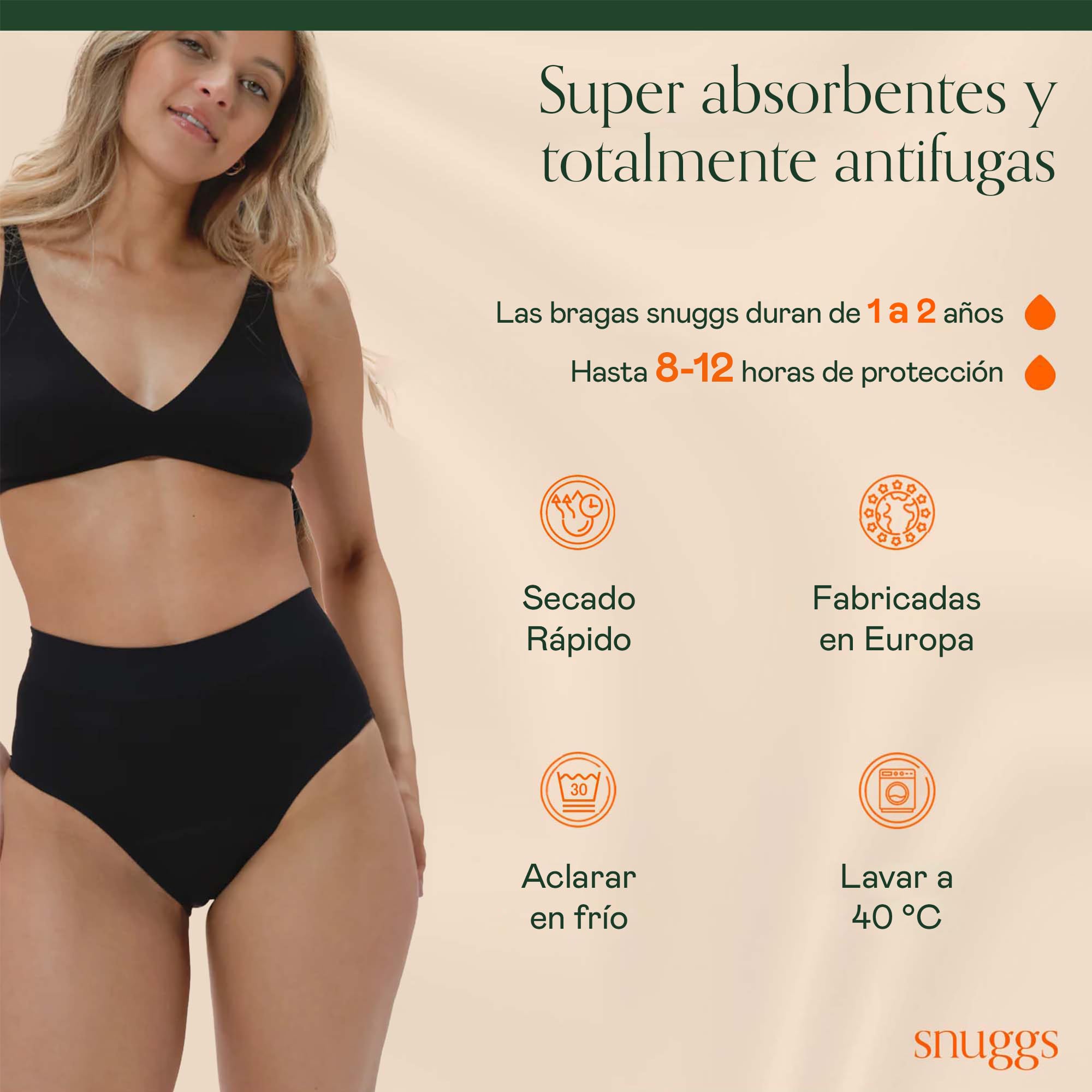 snuggs Period Underwear Hugger - Bragas menstruales extrafuertes, Delgadas y absorbentes, Nailon Reciclado