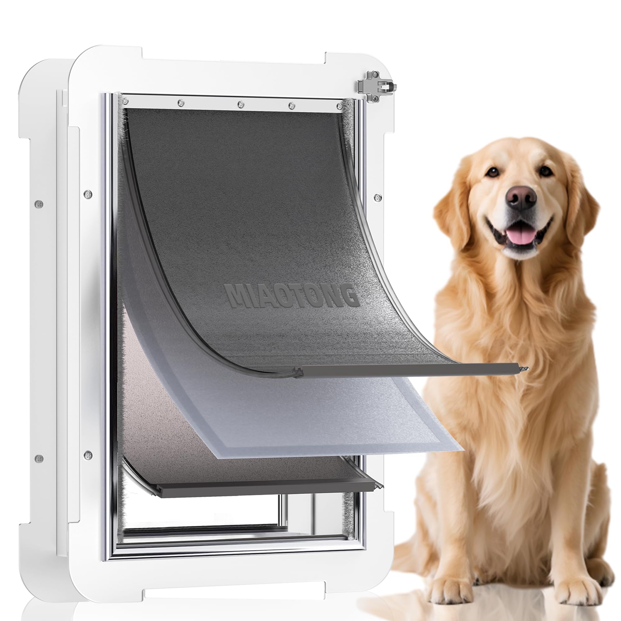 3-Flap Steel Large Dog Door for Exterior Doors with Sliding Lock Panel, Energy-Efficient Insulated Pet Door, Extreme Weather Doggy Door with Telescoping Tunnel, Never Rust?Pets Up to 100 Lb?