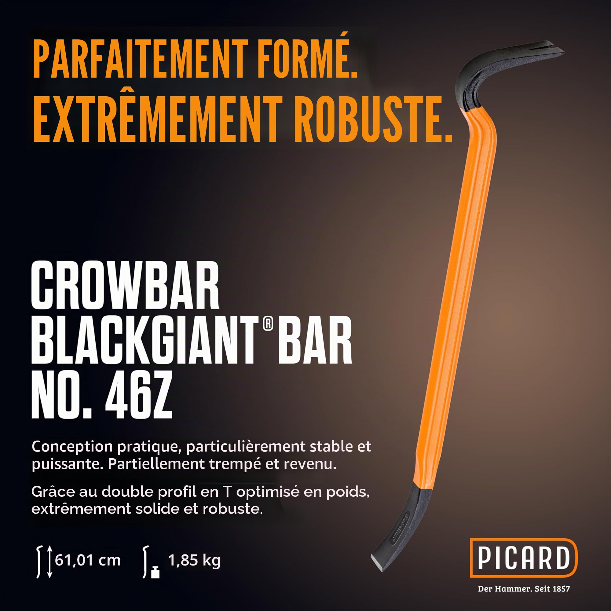 PICARD Pied de biche BlackGiant® 61 cm no. 46Z | Outil professionnel | Pieds-de-biche avec revêtement antidérapant | Levier durable | Mini pied de biche robuste forgé d’une seule pièce