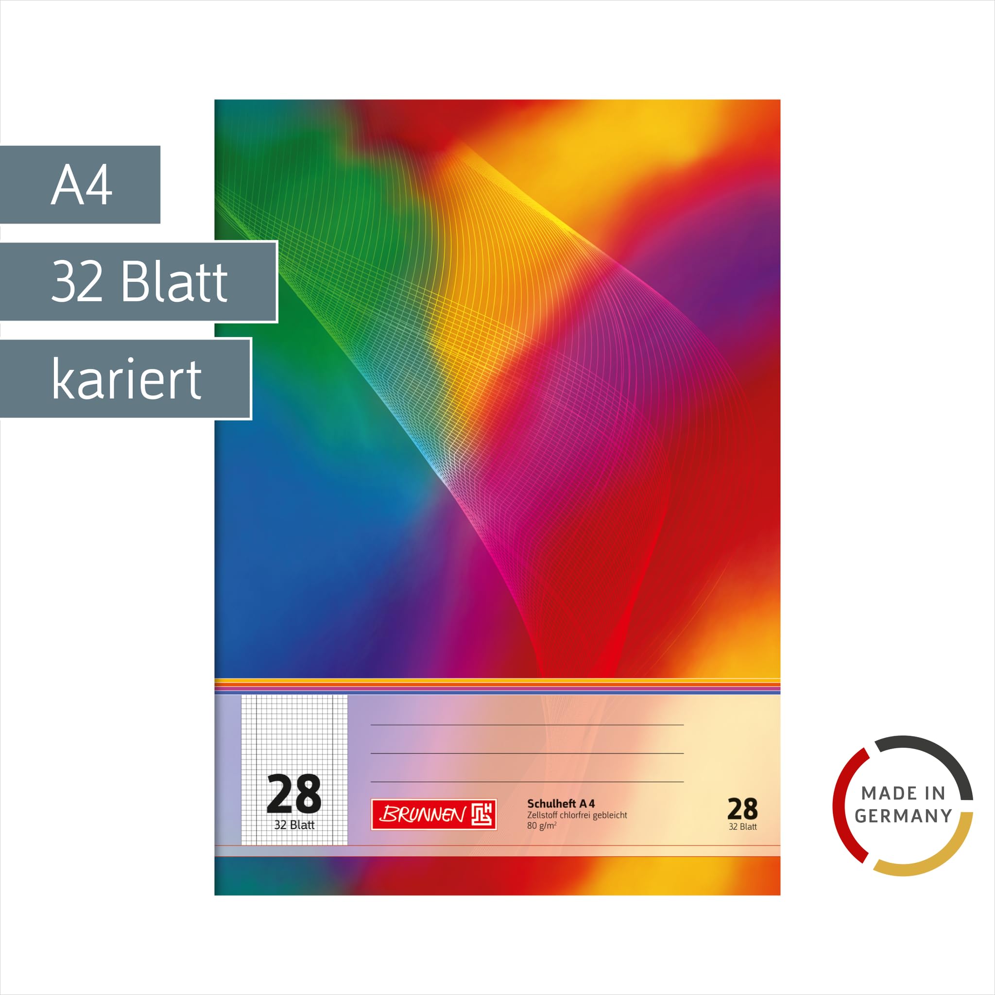 Quaderno Scolastico Brunnen A4 A Quadretti 5mm - 32 Fogli, Con Margine, Rigatura 28, Multicolore